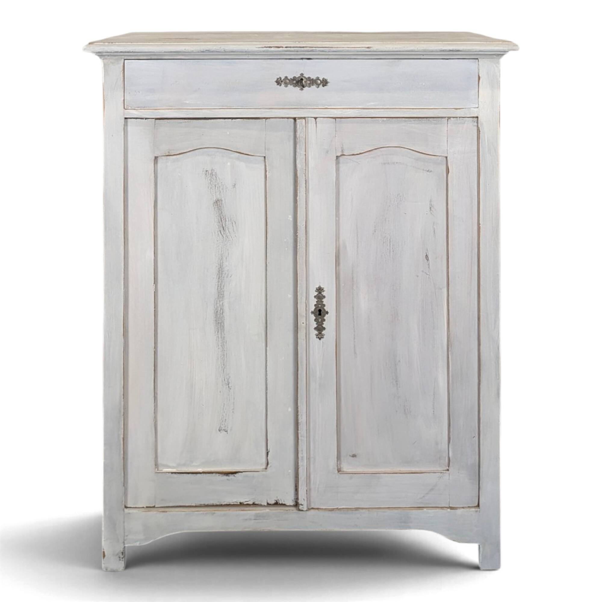 Small buffet with two doors and one drawer in white patinated wood.