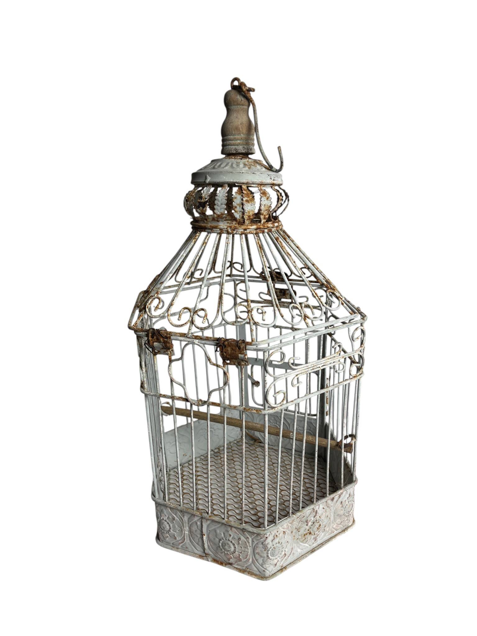 Vintage hexagonal metal birdcage from around 1940.