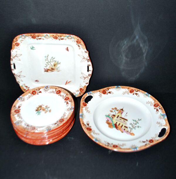 Sarreguemines service à dessert 12 assiettes faïence opaque bambou décor chinois asiatique polychrome