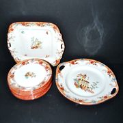 Sarreguemines dessert service 12 plates opaque earthenware bamboo polychrome Asian Chinese decor