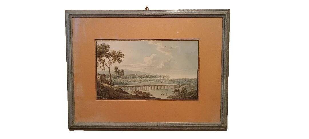 Old watercolour on paper from the early 19th century – landscape with aqueduct