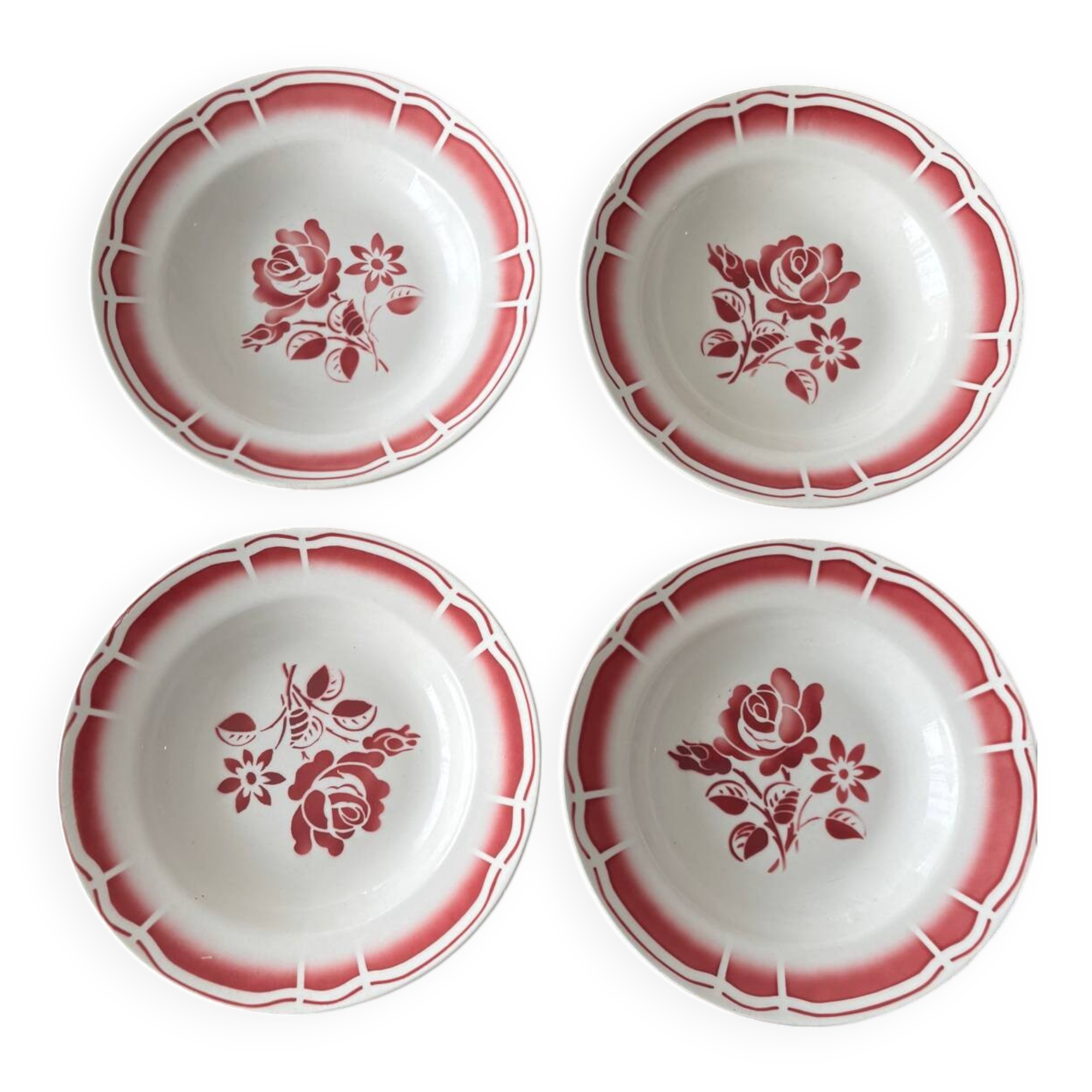 Lot of 4 red deep plates Badonviller – Vintage bistro crockery