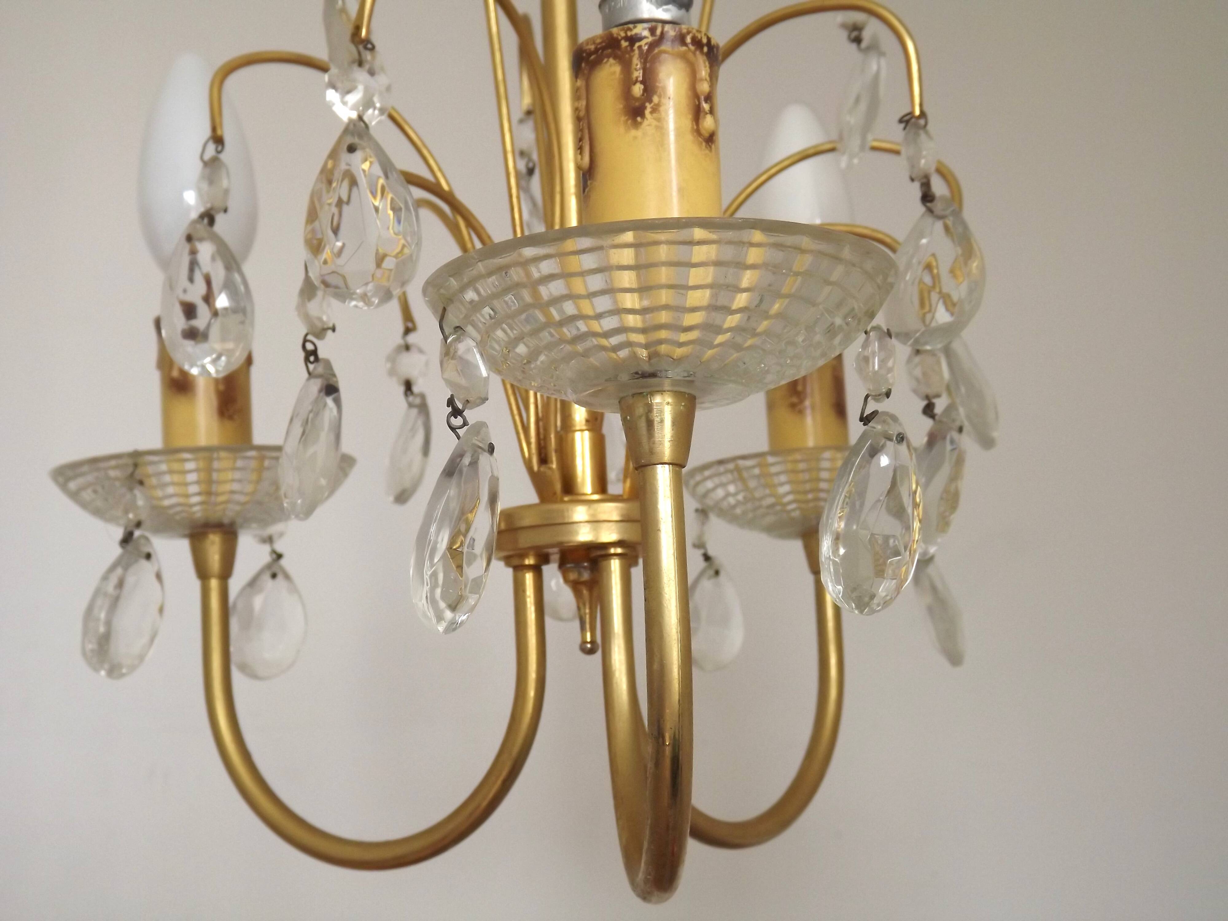 French Vintage Gold Effect Metal-Crystal 3 Light Chandelier Glass Bobeches