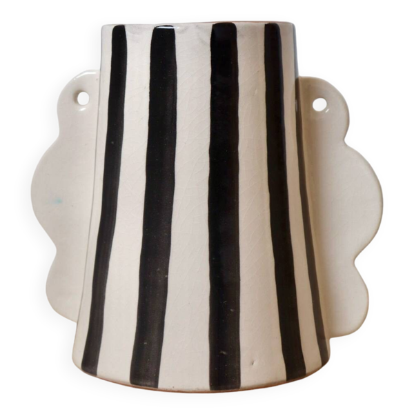 Vase abstrait en céramique rayé noir et blanc