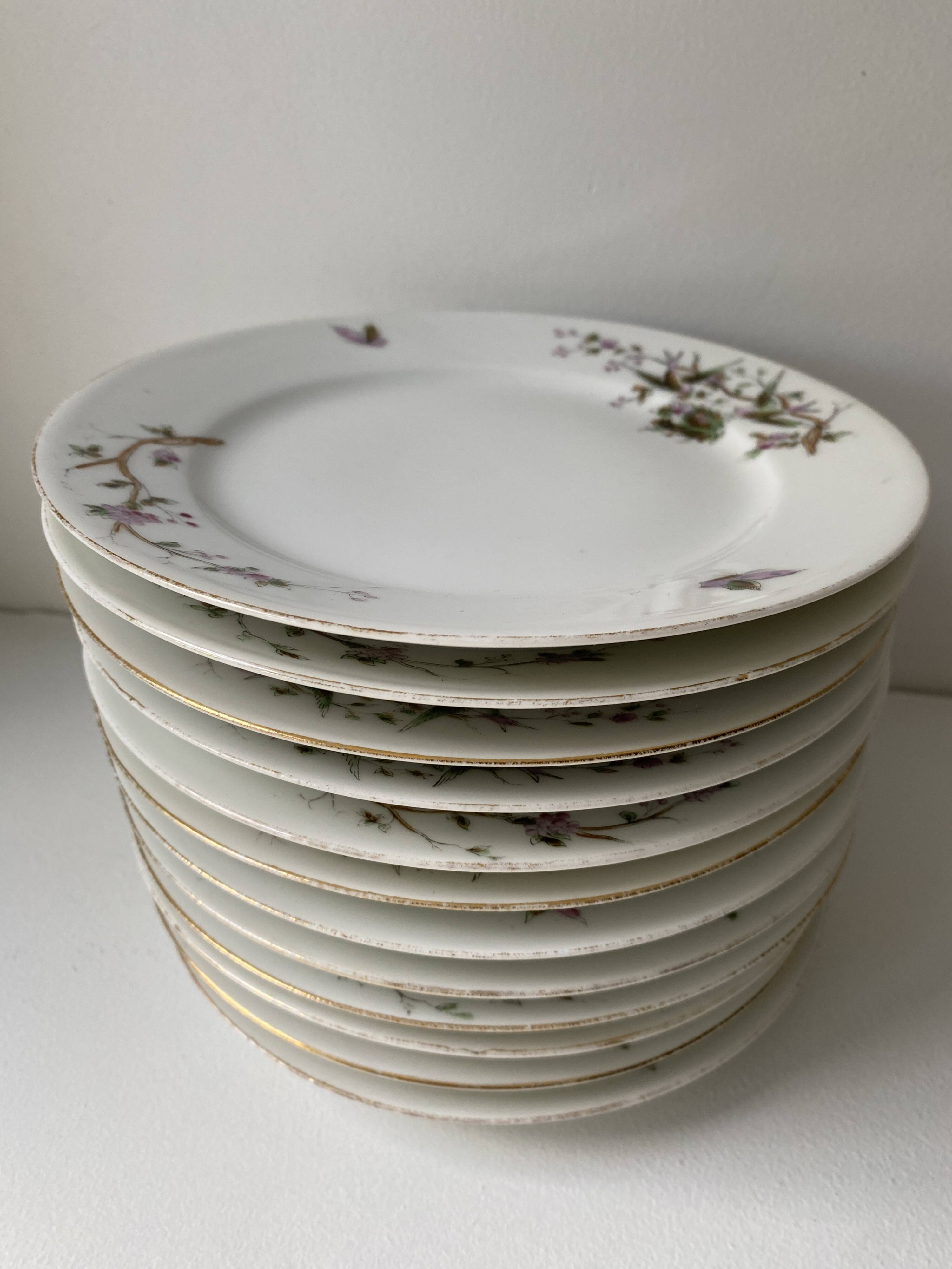 12 vintage porcelain dessert plates signed hache, julien & cie birds