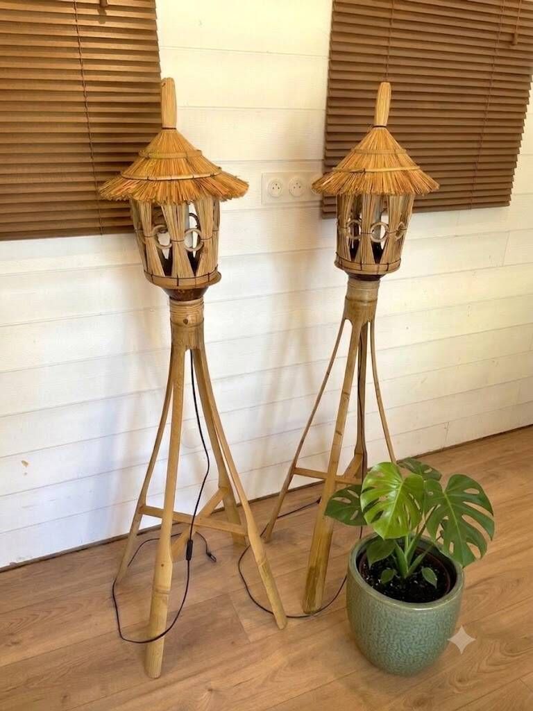 Pair of Tiki Style Lantern Floor Lamps in Bamboo & Rattan – Vintage