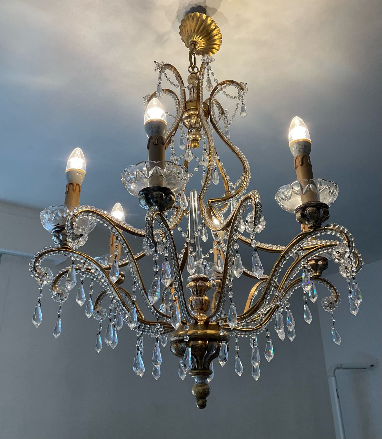 Old Venetian chandelier with Bohemian crystal tassels and gilded wood