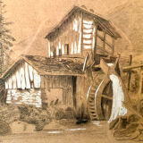 Frame early XX gilded wood water mill signed