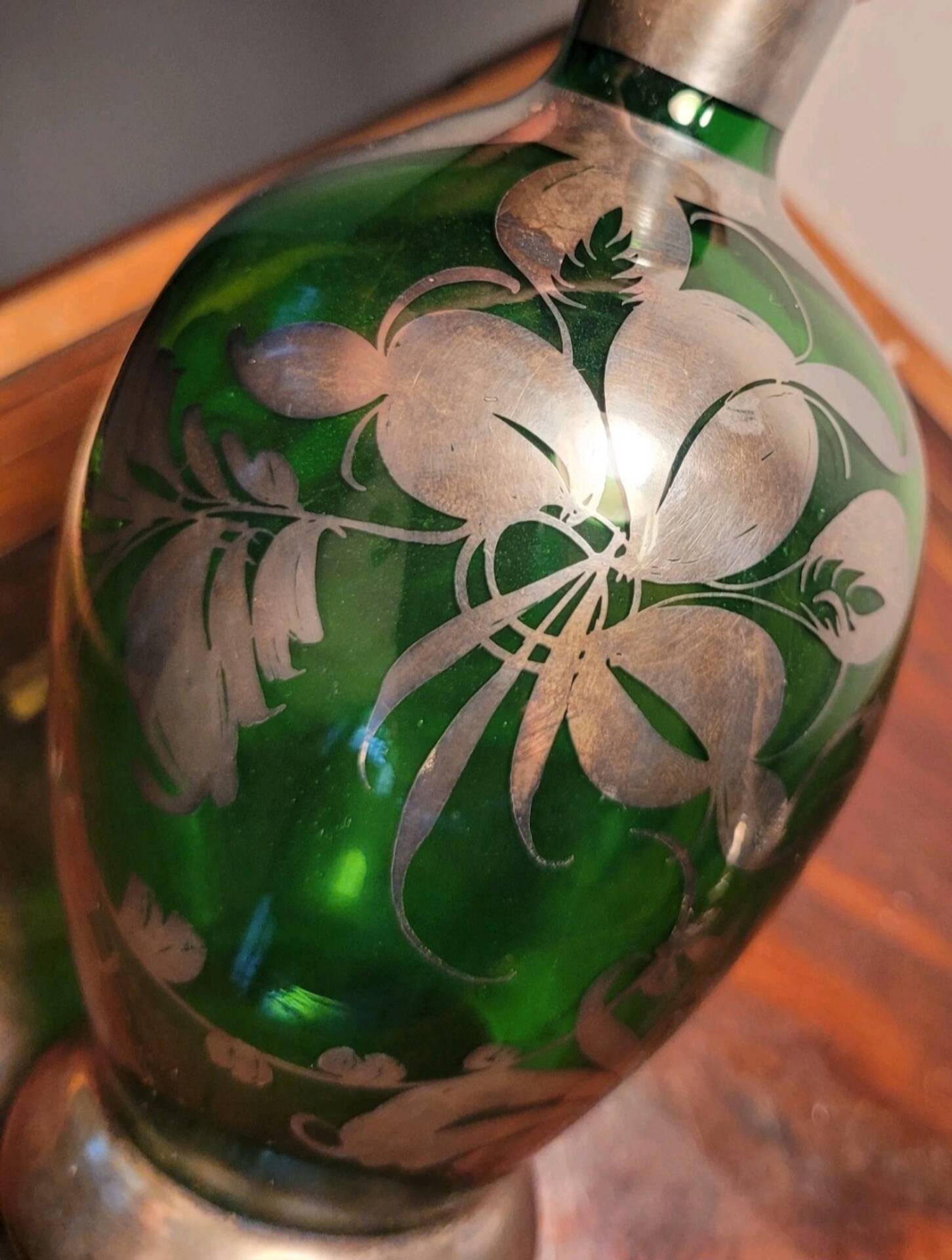 Murano glass alcohol bottle green & silver 1930s - 1940s.