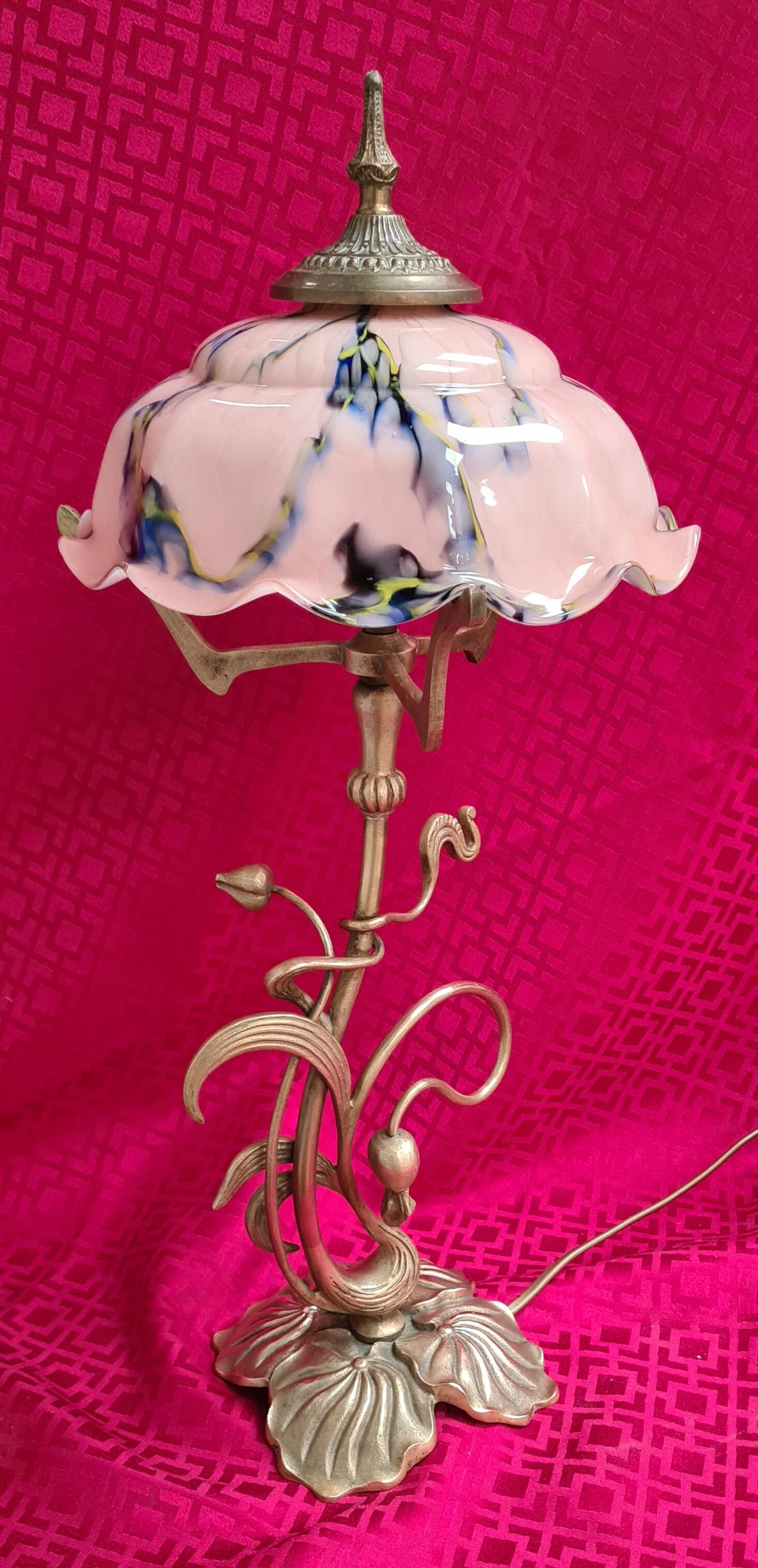 Art Nouveau bronze lamp with very beautiful opaline, Lucien Gau, 54x25