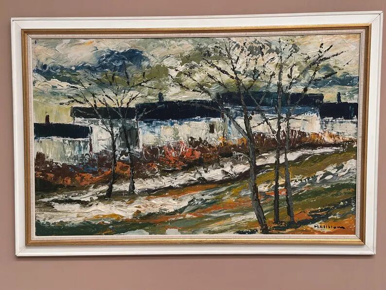 Large Original Swedish Oil on Panel – “Landscape with Houses and Trees” by Stig Hallblom – Signed – Vintage & Framed 90×59.5cm (35.4"×23.4")