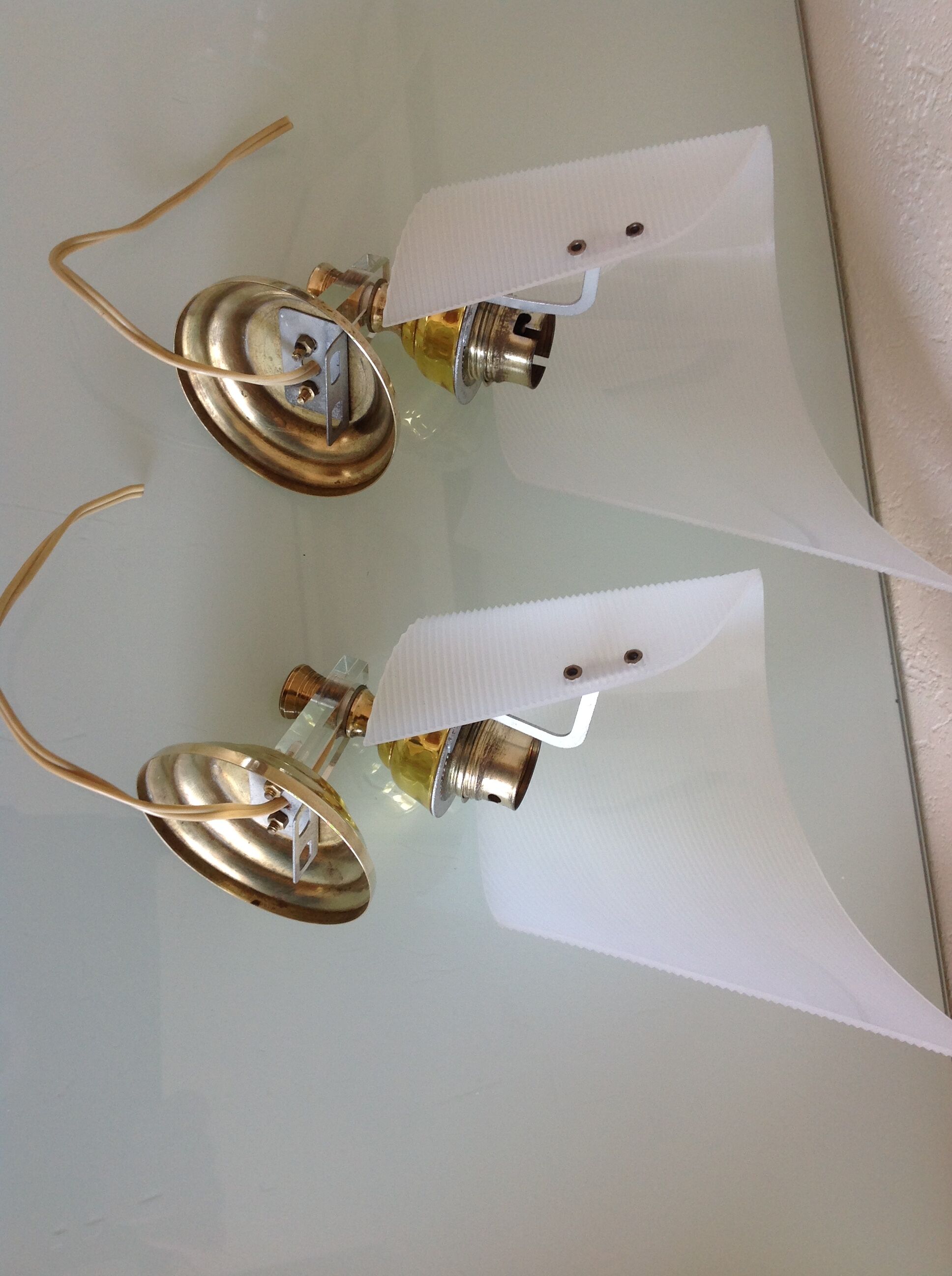Pair of brass and perspex white /vintage 50-60s wall light
