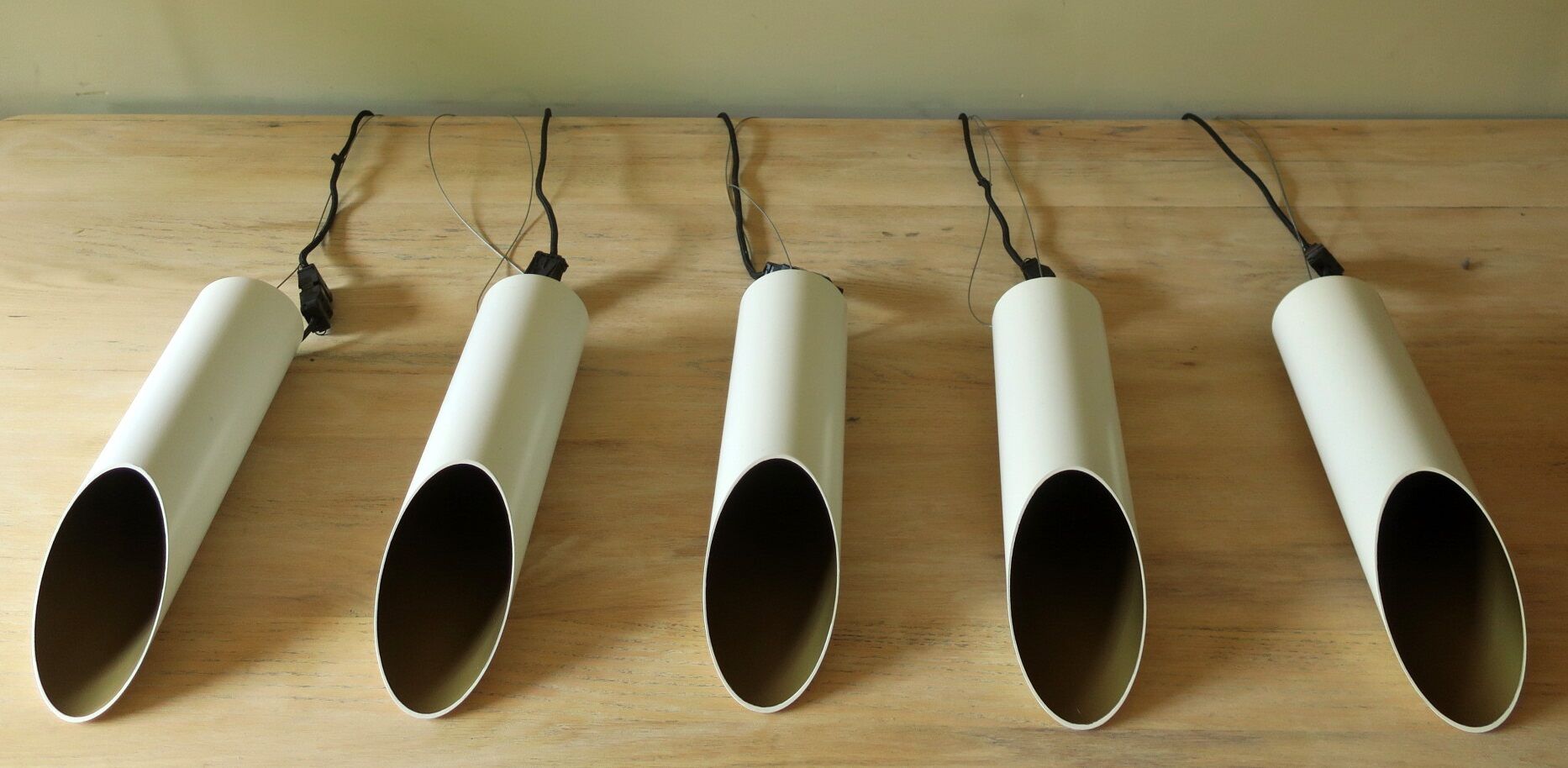 Set of 5 large cylindrical white and gold cinema pendants 1970s