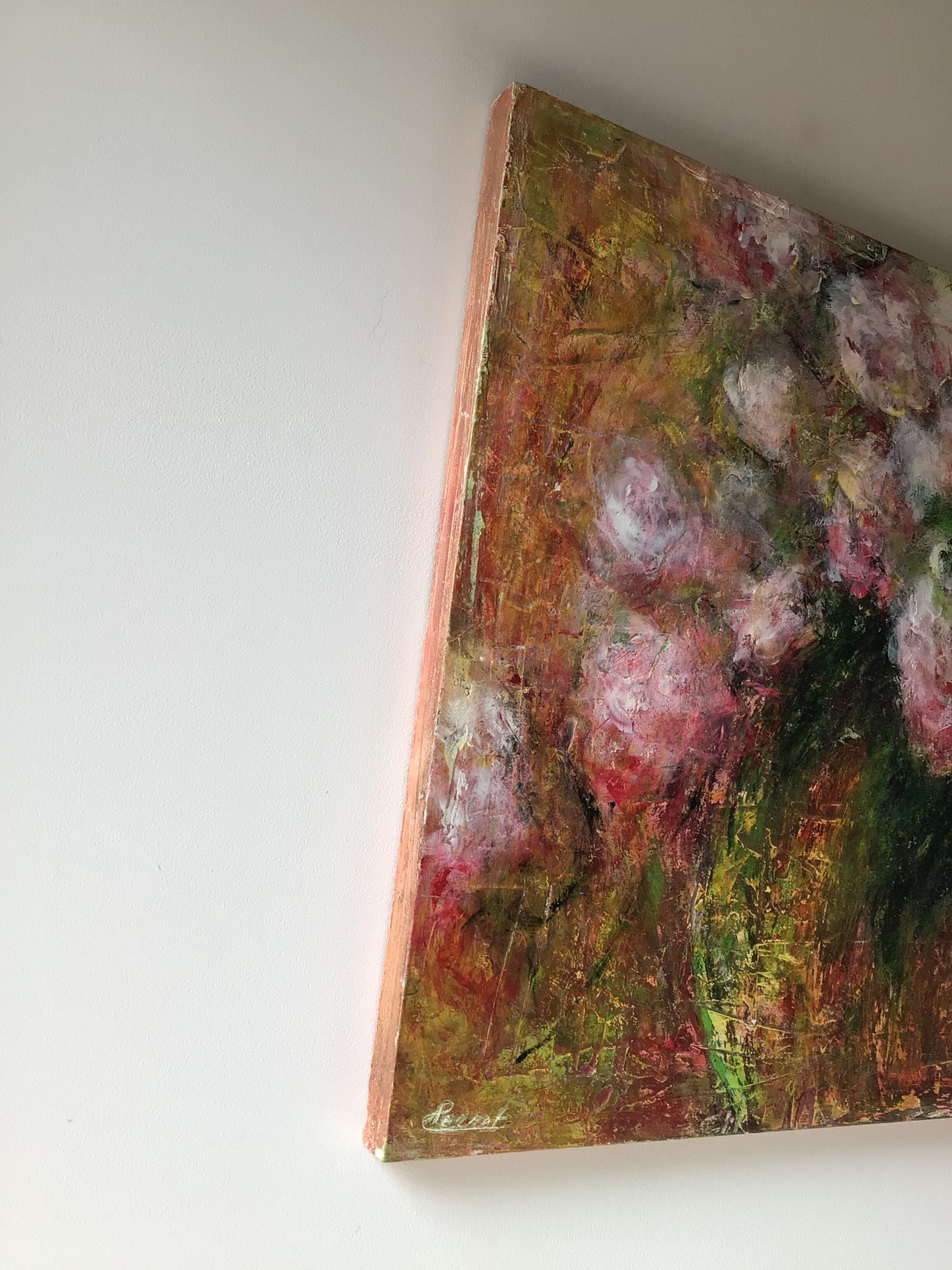 Table oil on wood roses signed Perret