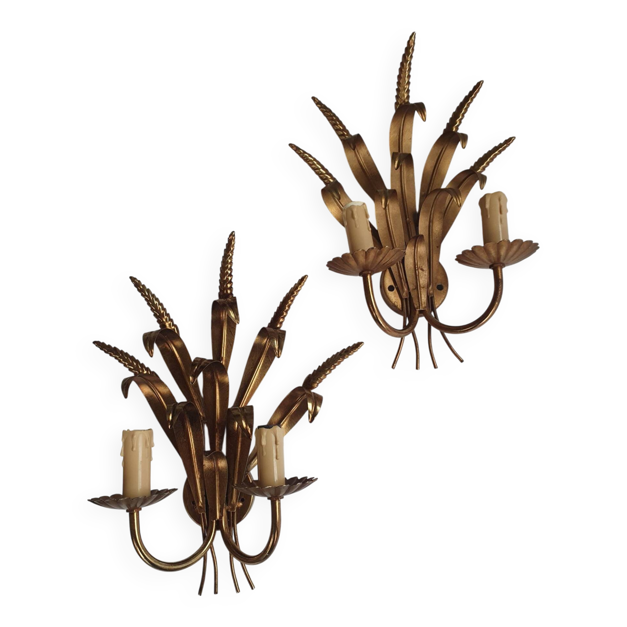 Pair of antique gold wall sconces with wheat ear motif