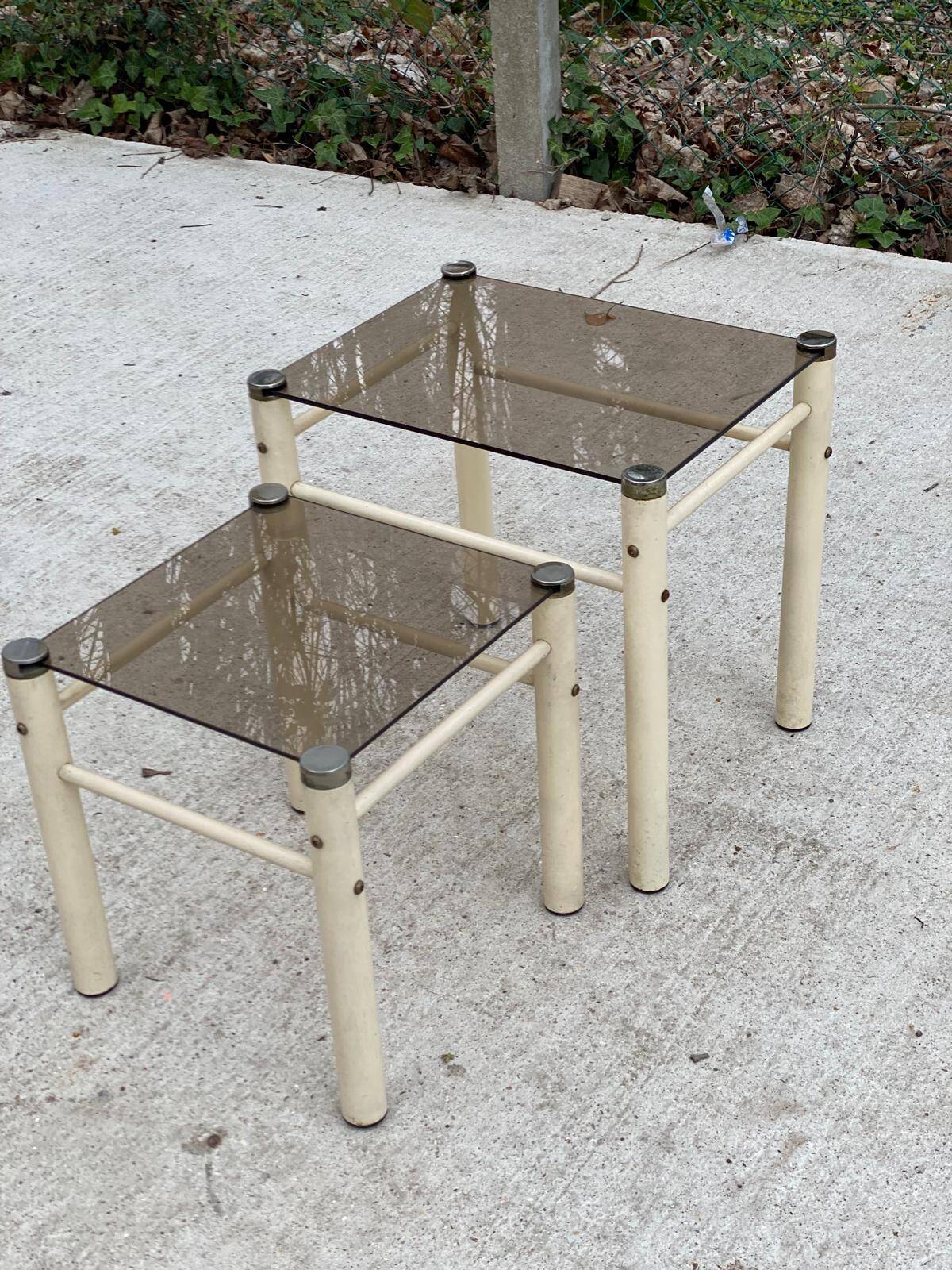 2 industrial beige glass nesting coffee tables by Yves Boutboul, 1970
