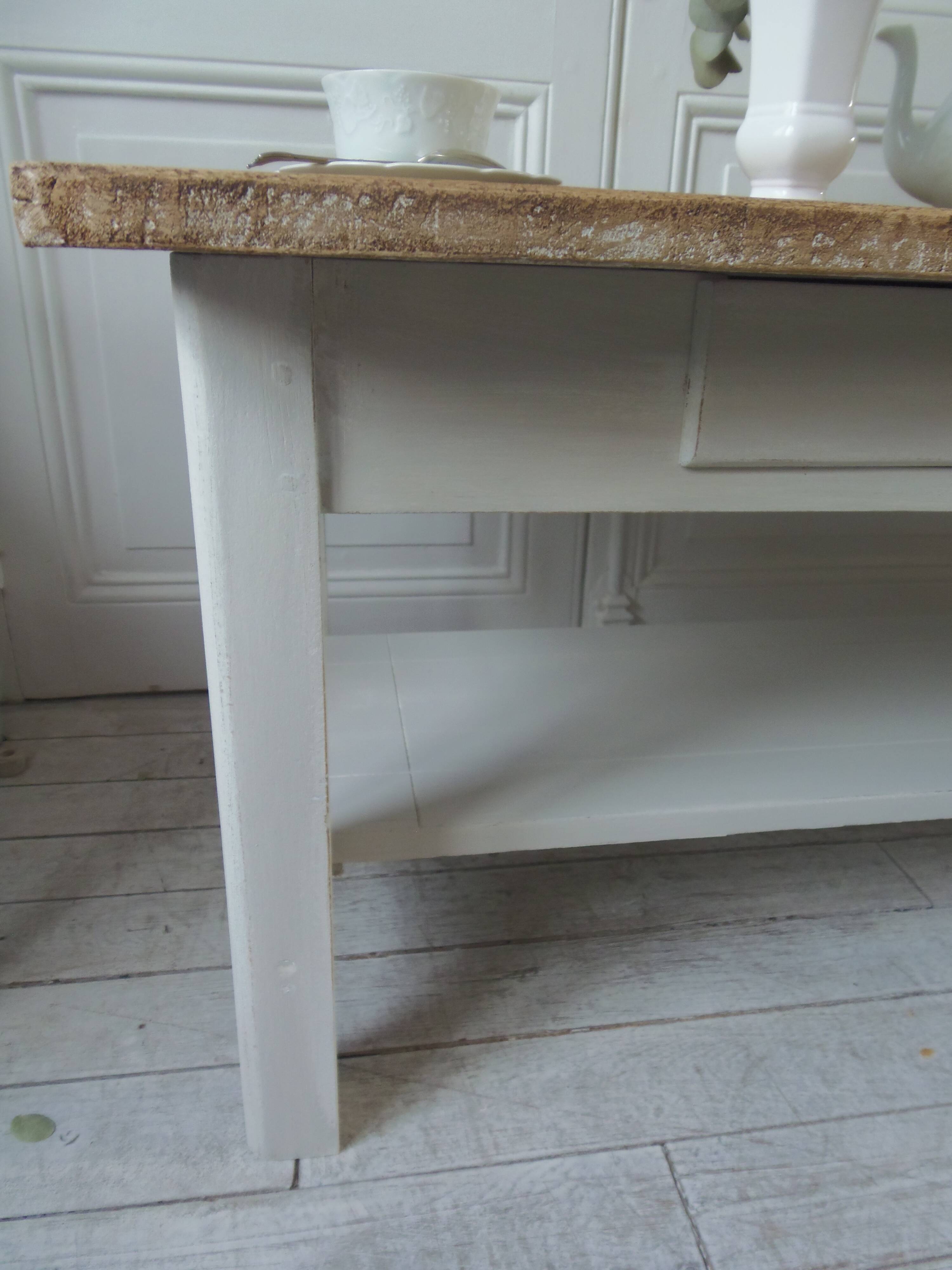 Coffee table made from a vintage table, pearl gray patina, wooden top.