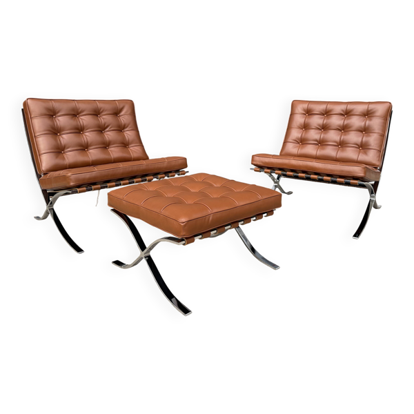 2x brand new original knoll barcelona relax + ottoman, venezia cognac cuir