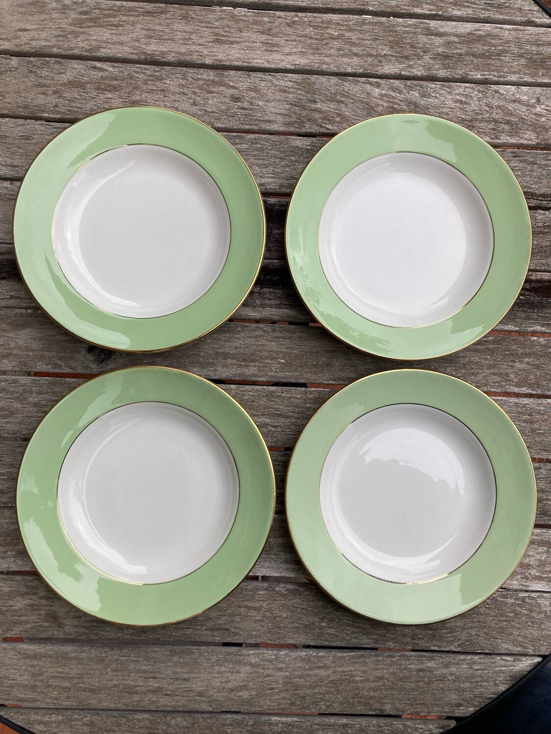 L'Amandinoise (St Amand) green soup plates with gold edging