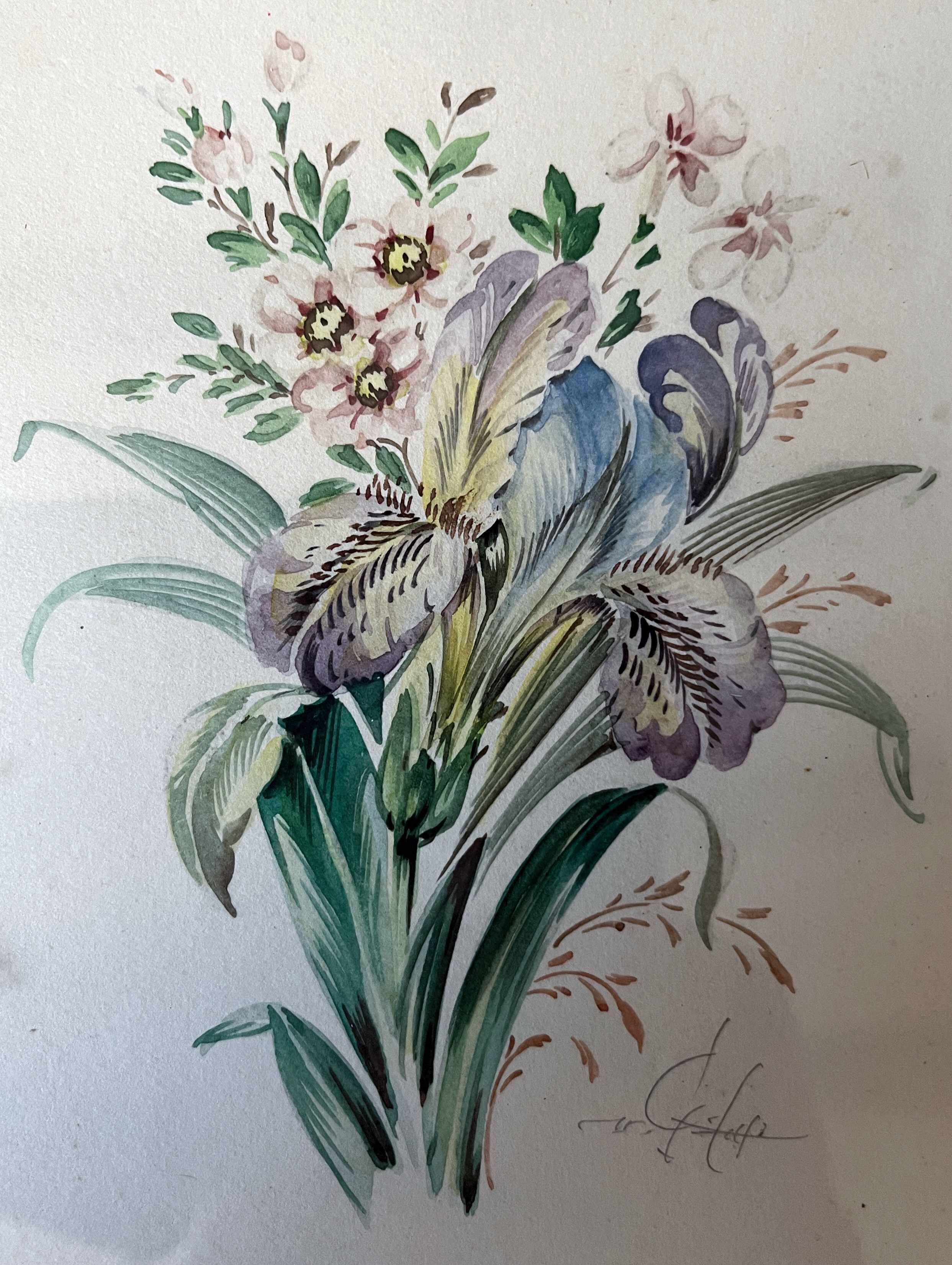 Tableau Aquarelle "Fleurs du jardin" signé début XX°