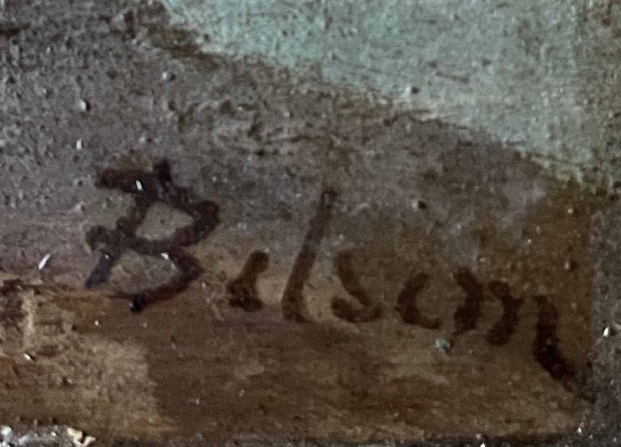 HST painting "Bord de mar" Animated seascape with thatched cottage signed Bilson XIX° + frame