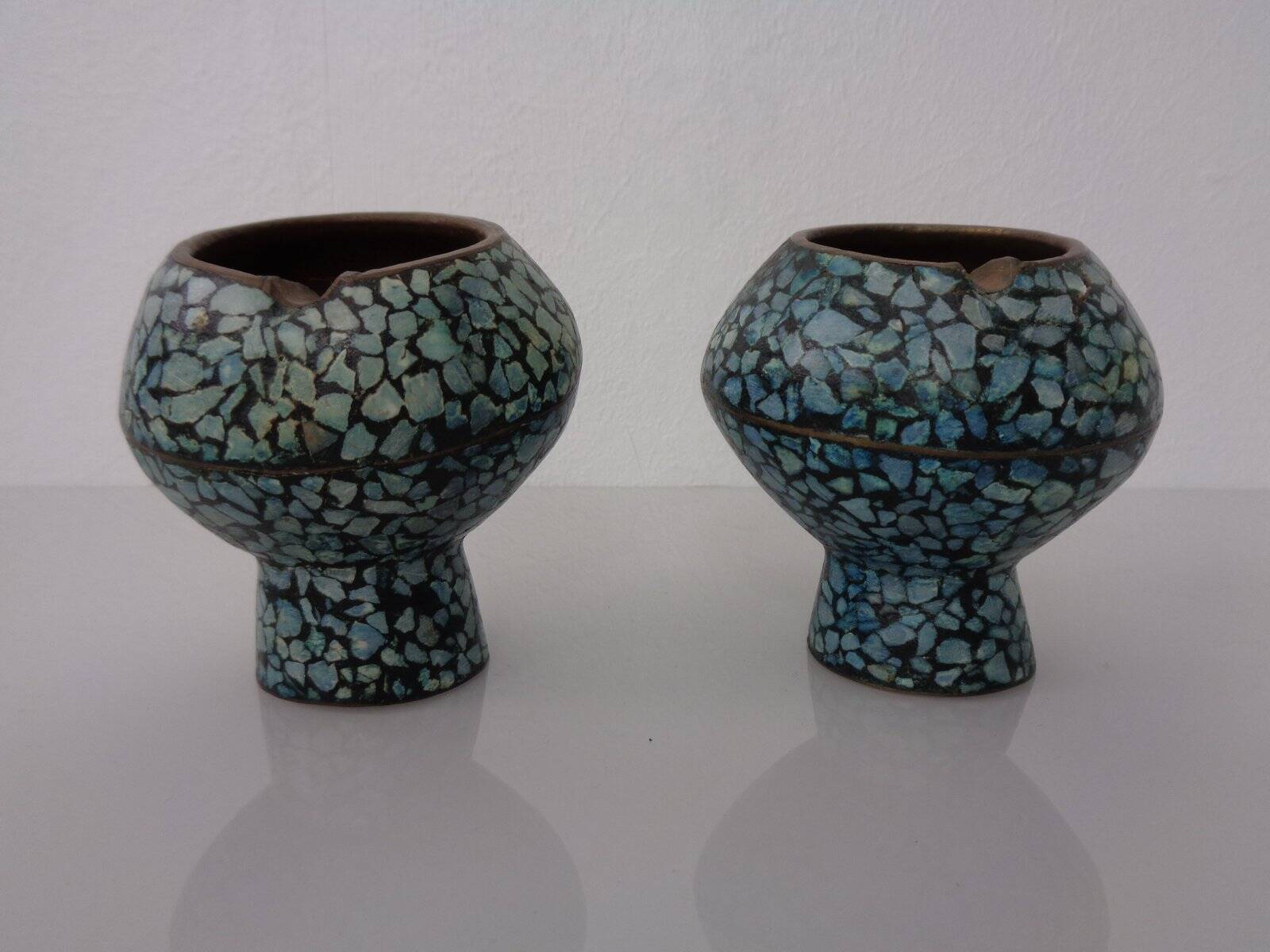 Vintage Indian Copper & Turquoise Stone Ashtrays, 1960s, Set of 2