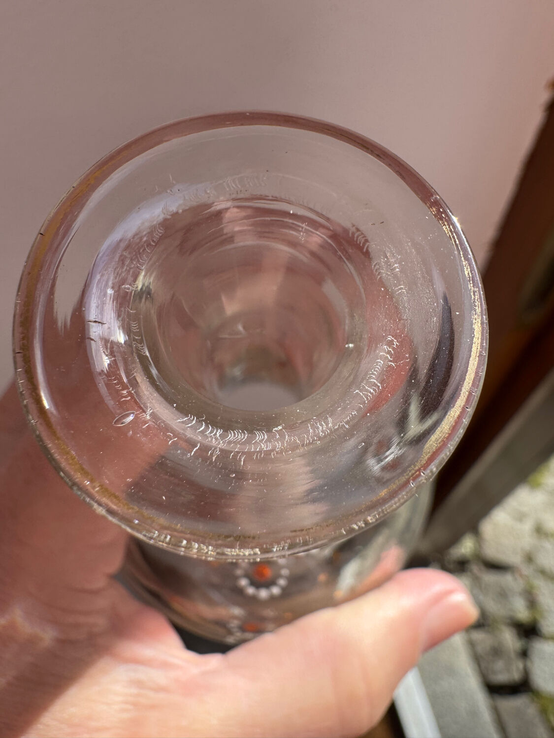 Antique blown glass carafe, enamelled with floral decoration, in the style of Legras.