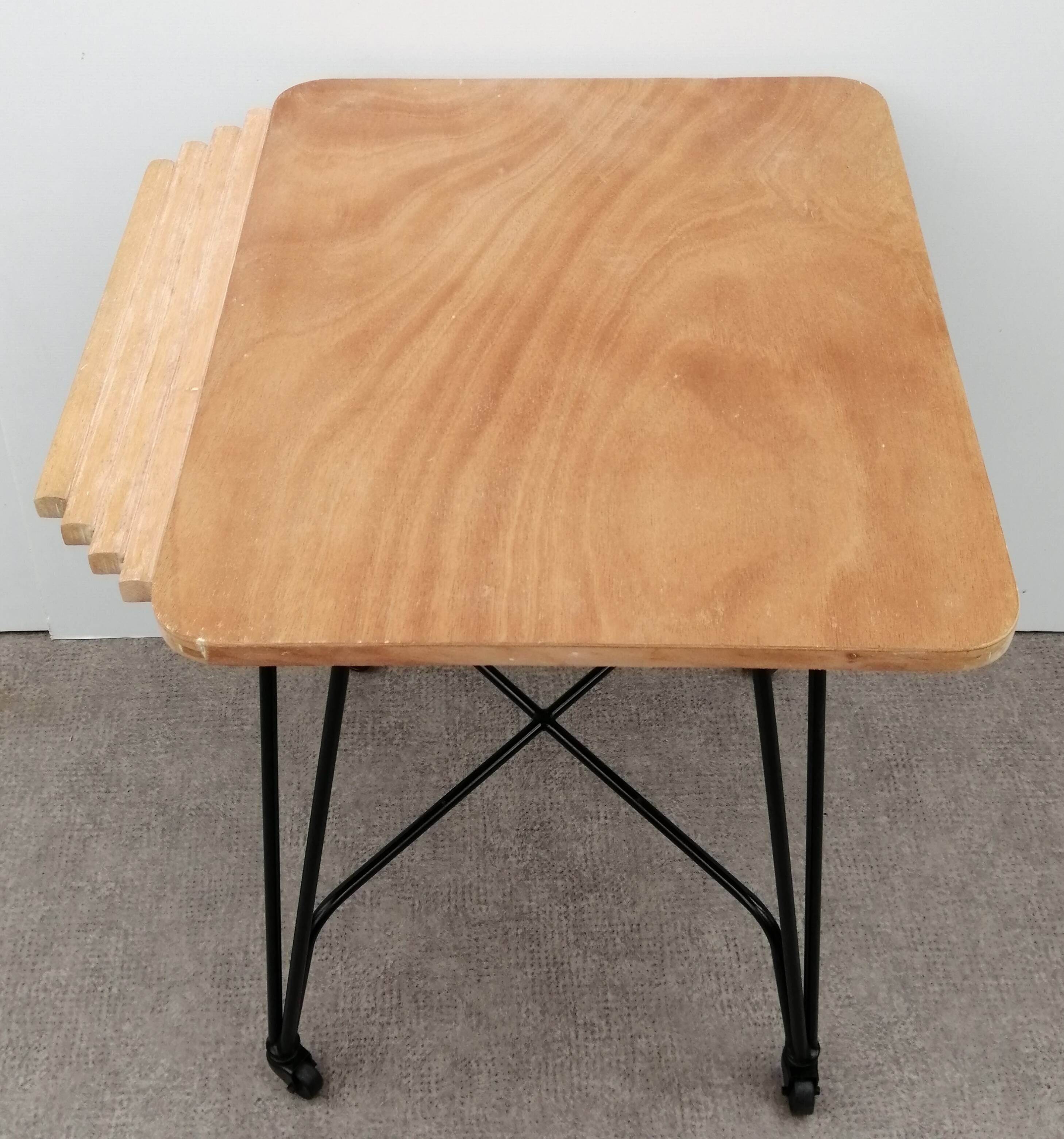 Wood and metal dessert trolley on wheels, vintage Eiffel leg, made in France 1960.