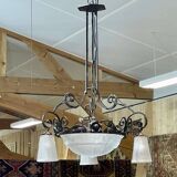 Art Deco chandelier in glass and wrought iron signed Muller Frères Luneville, 3 lights