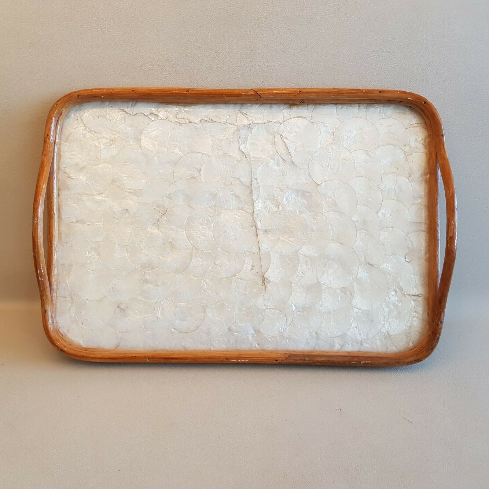 Vintage mother-of-pearl and bamboo tray 54 x 37 cm