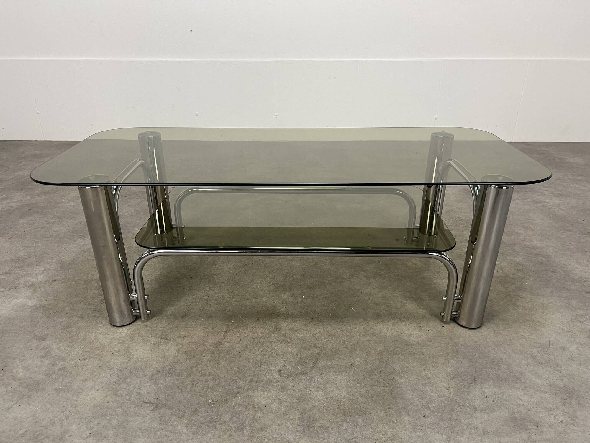 Chrome metal and smoked glass coffee table, 70s