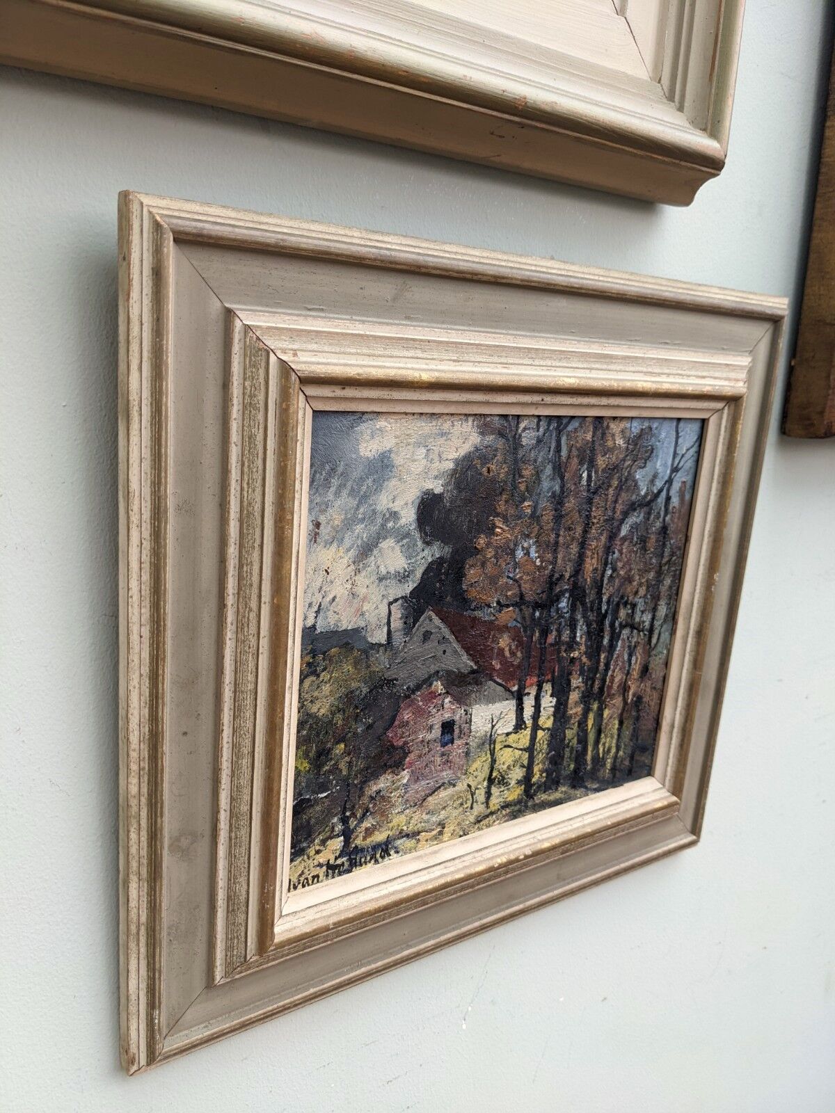 Mid-Century Modern "Cottage in the Forest" Swedish Vintage Expressionist Landscape Oil Painting, Fra