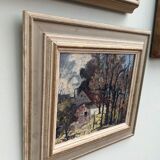 Mid-Century Modern "Cottage in the Forest" Swedish Vintage Expressionist Landscape Oil Painting, Fra