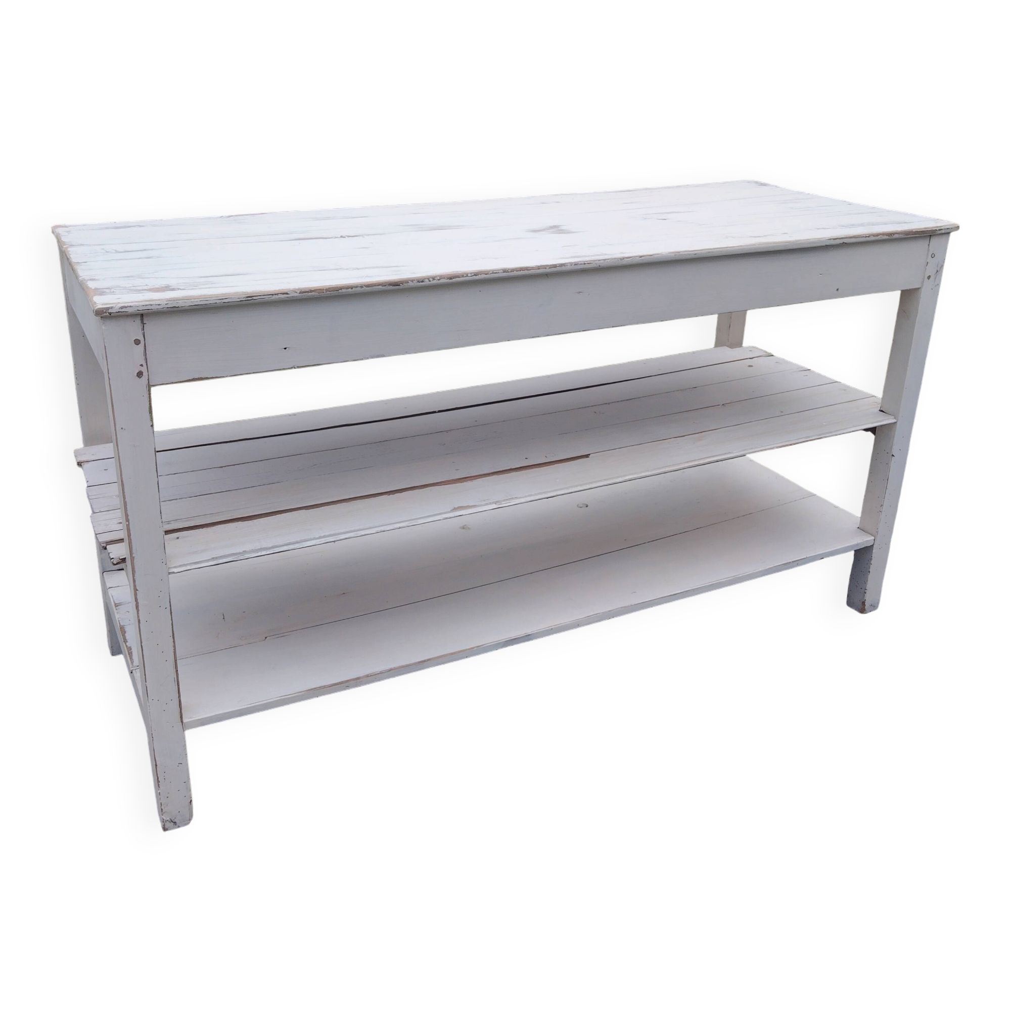 Antique white patinated draper's table, florist's wooden console.