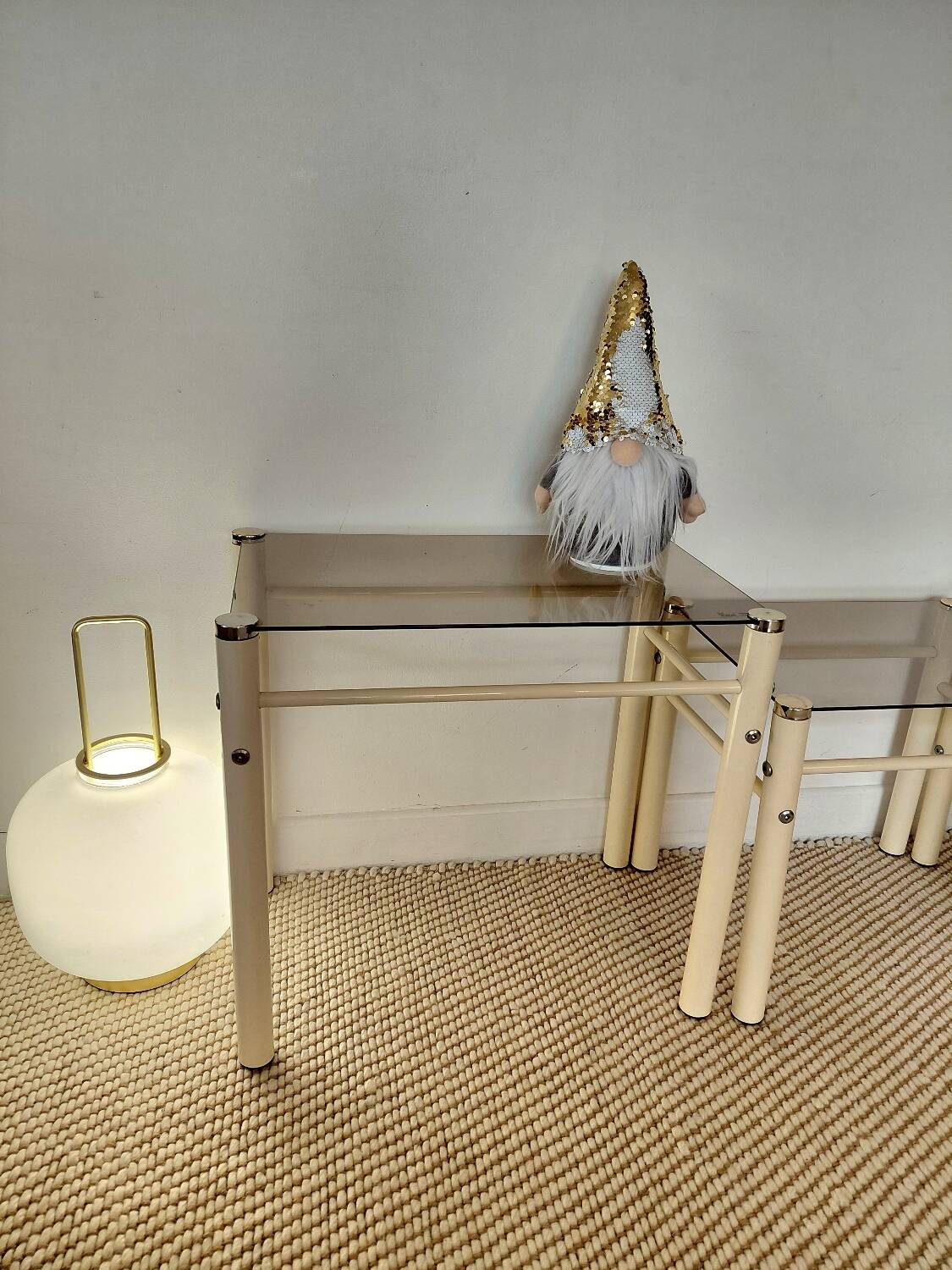 Vintage nesting tables Boutboul - cream metal and smoked glass - 70s design.