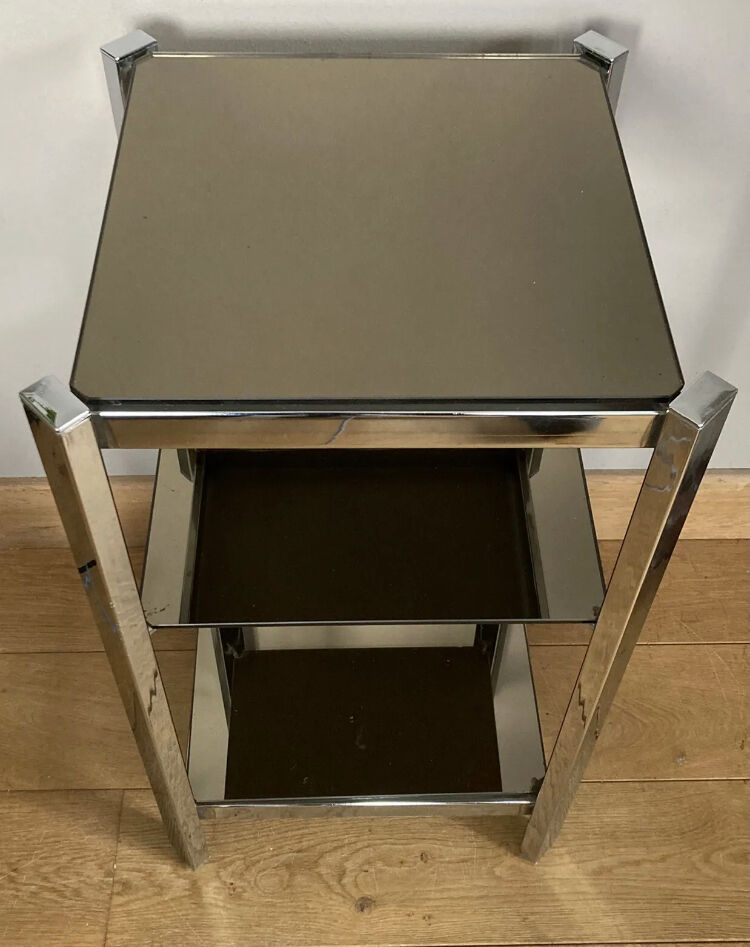 1970s sofa end harness in chromed metal, 3 removable shelves smoked mirrors (available)