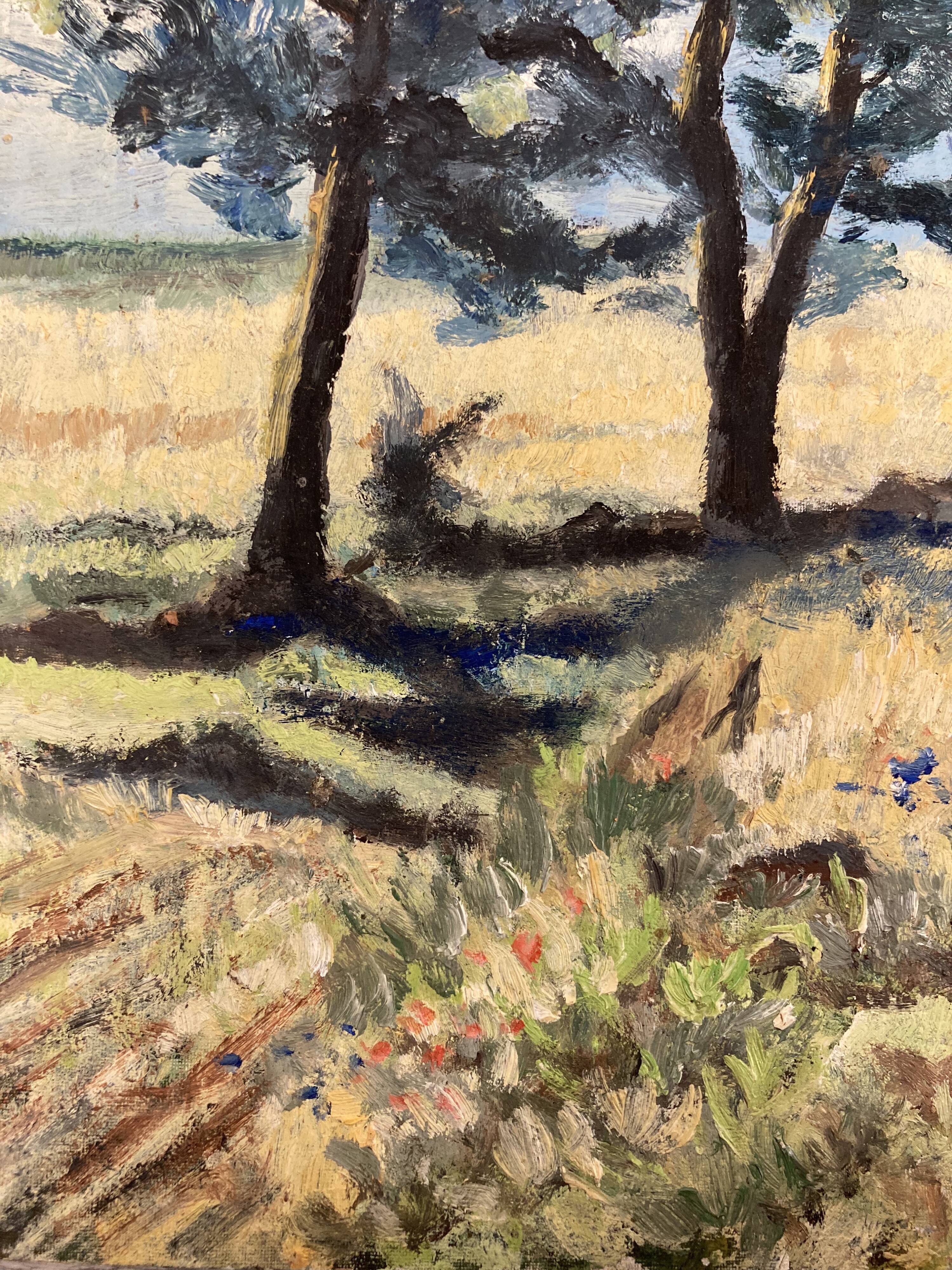 Landscape with poppies, oil on panel, Henry d'Avesnes (1907-1999)