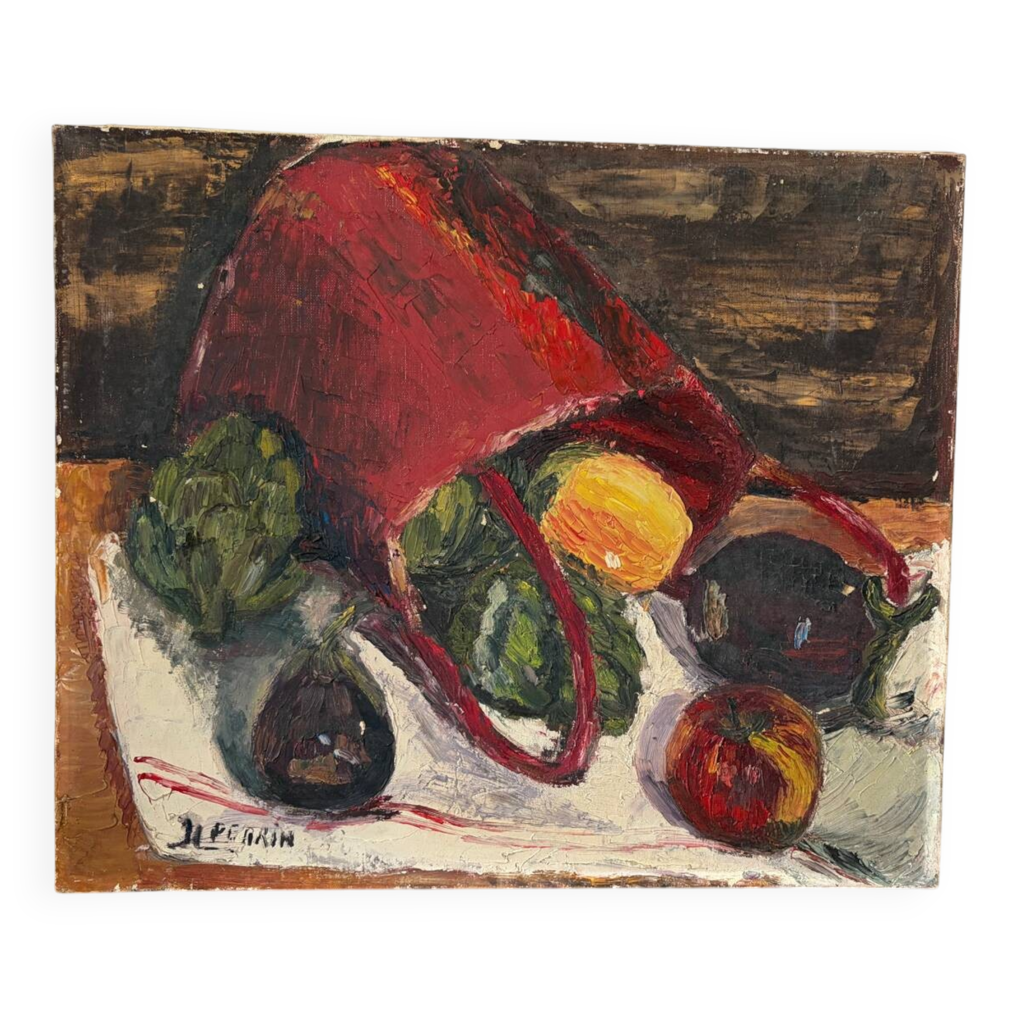 Retour du marché, huile sur toile signée Perrin