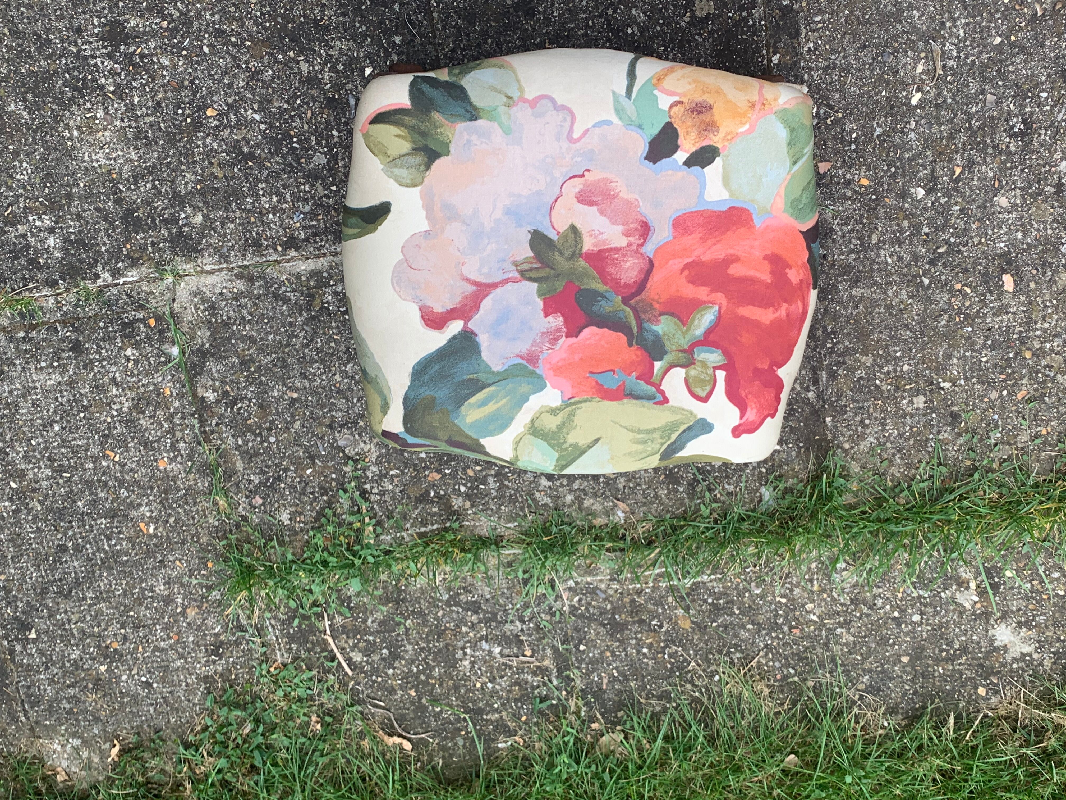 Footrest, wooden and antique floral fabrics