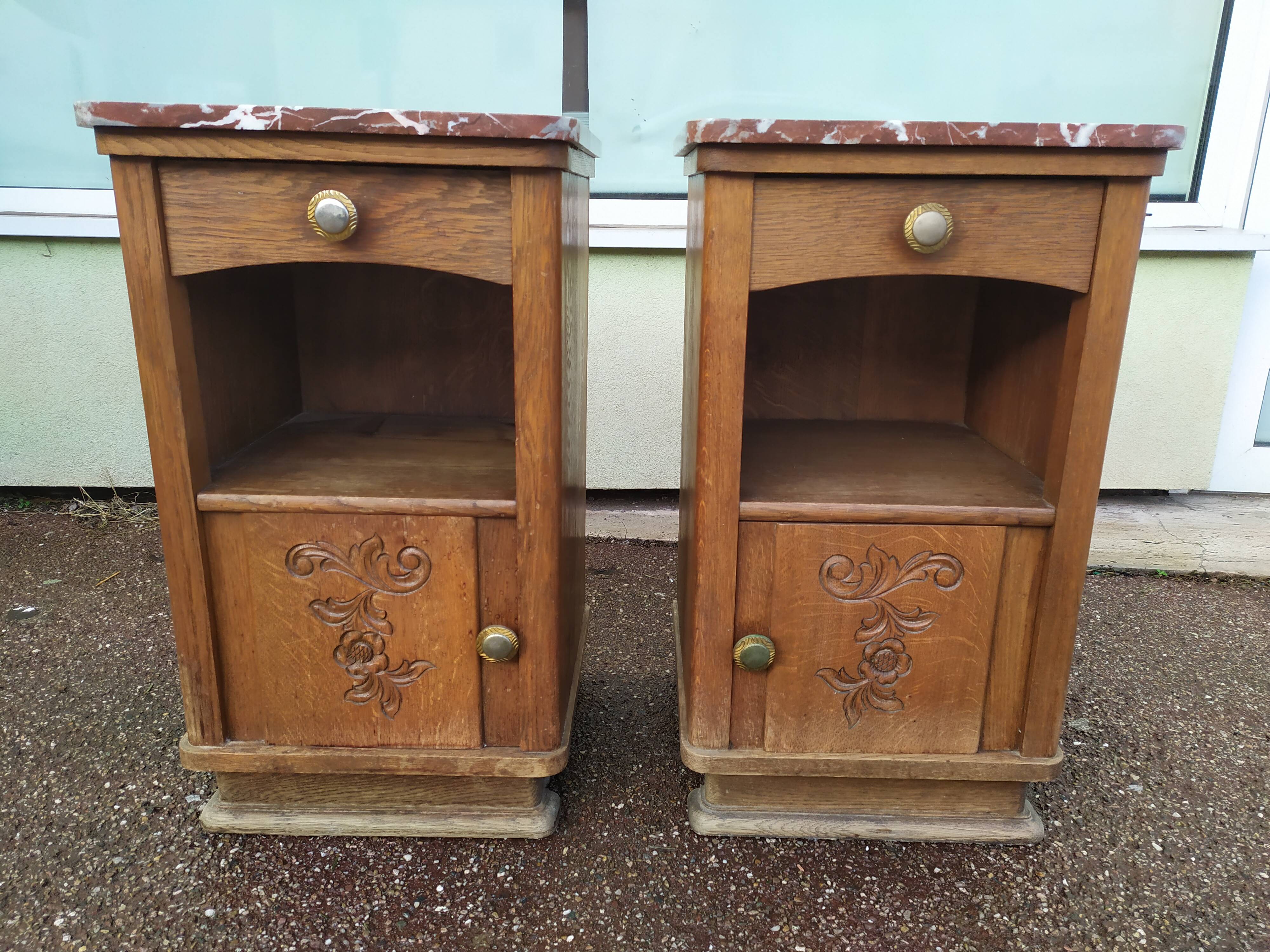 Set of 2 1950 Wood and Marble Bedside Tables