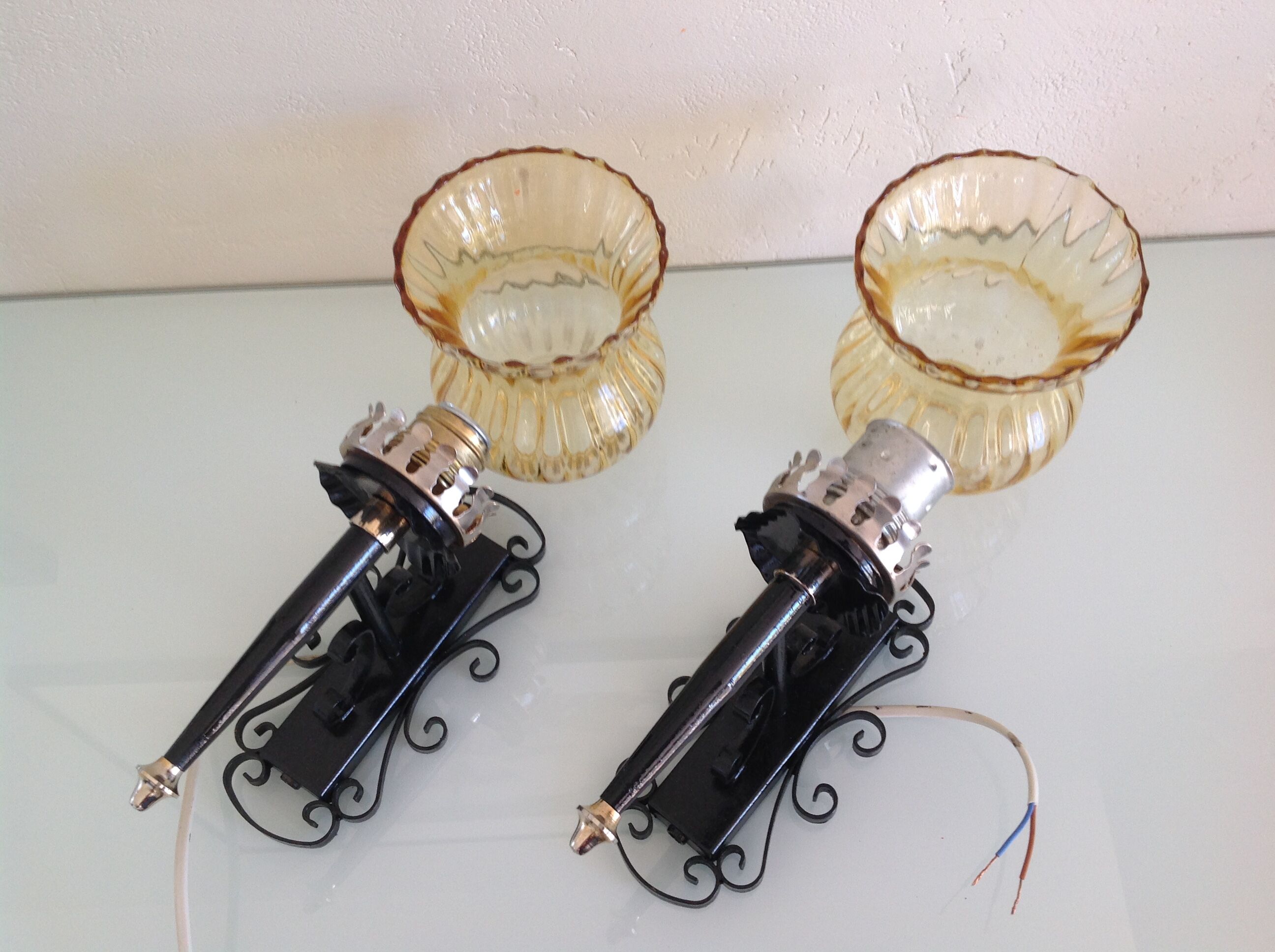 Pair of vintage iron and smoked glass