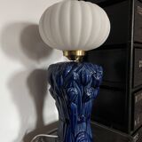 Vintage blue globe table lamp with white pleated globe