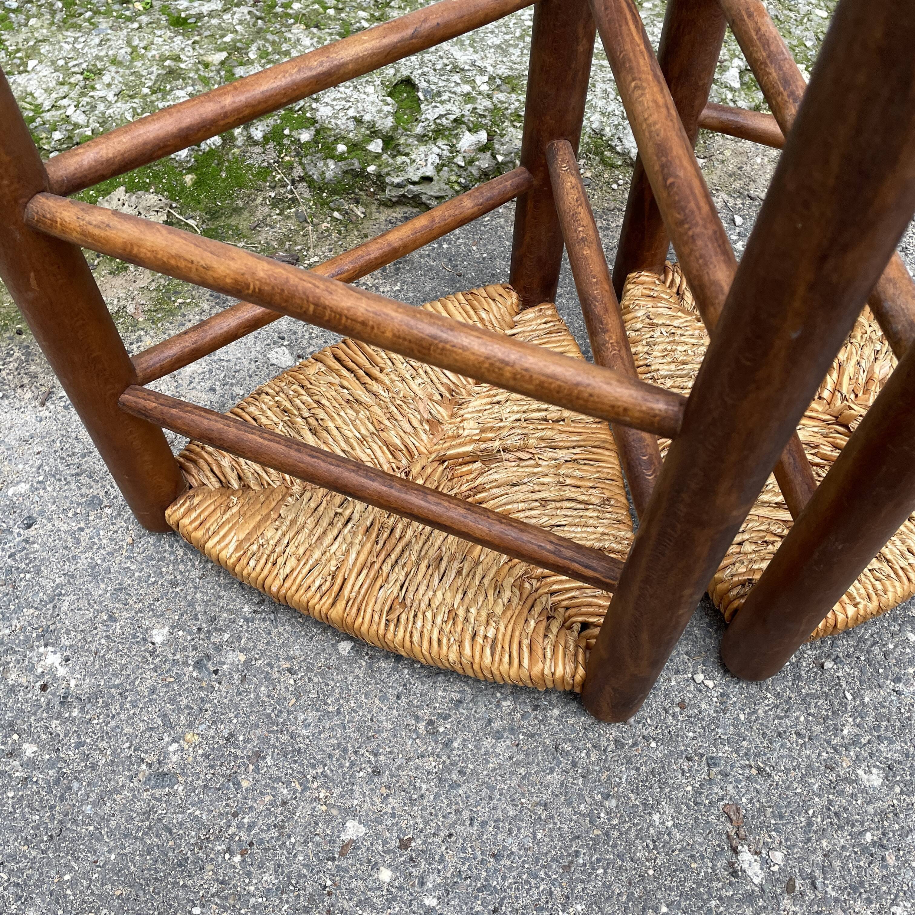 Pair tripod stool vintage design wood and straw