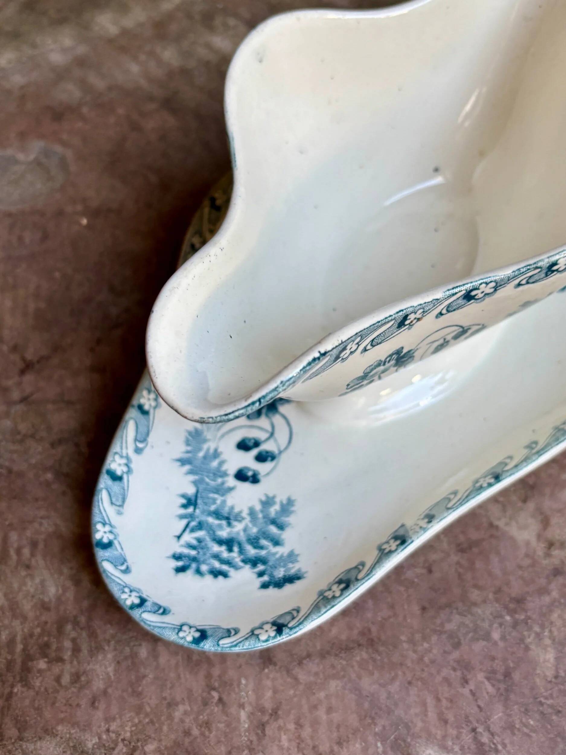 Longwy sauce boat in blue ironstone, "Chartres" service.