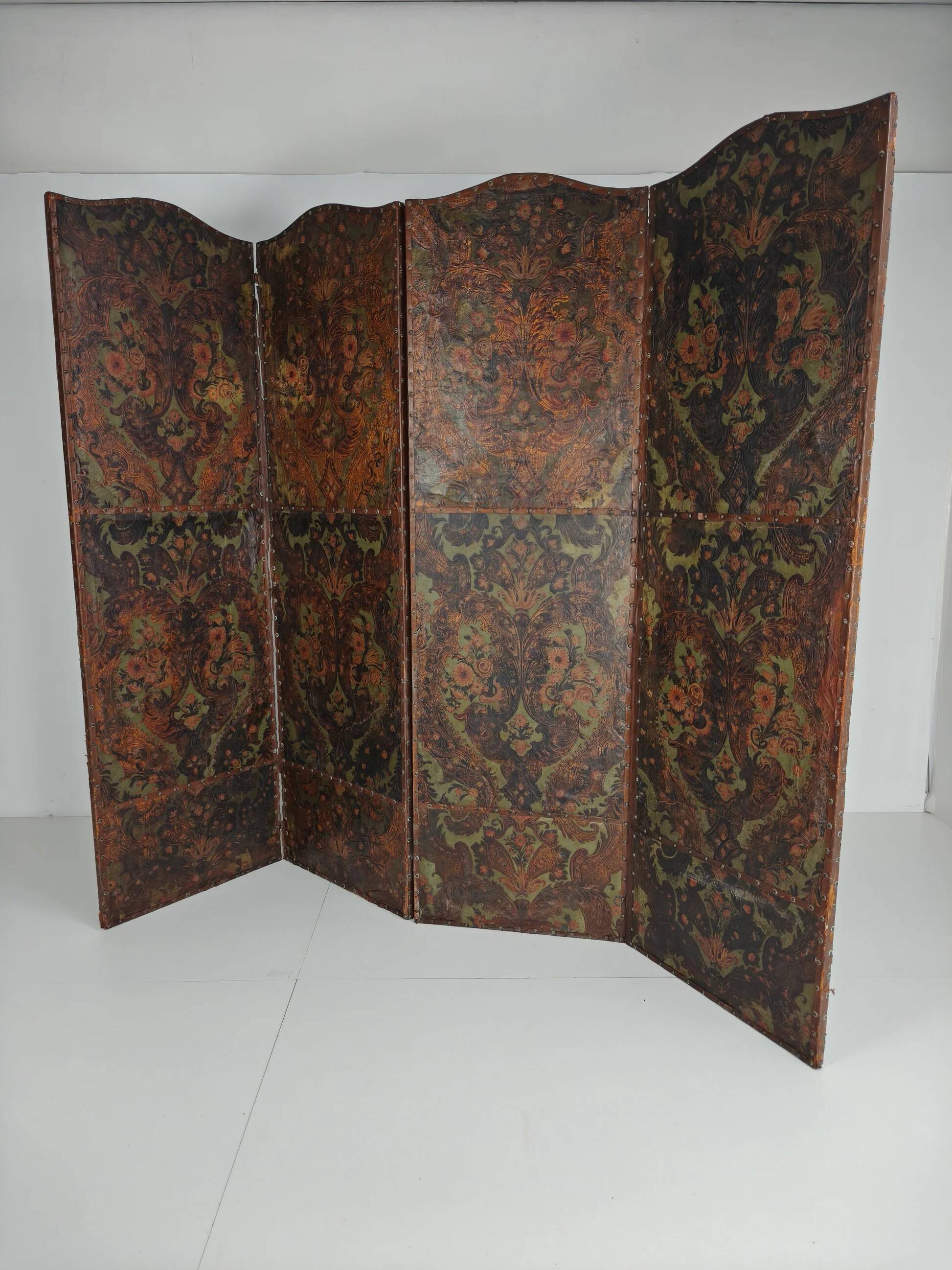Late 18th-century Belgian embossed leather folding screen – after Daniel Marot