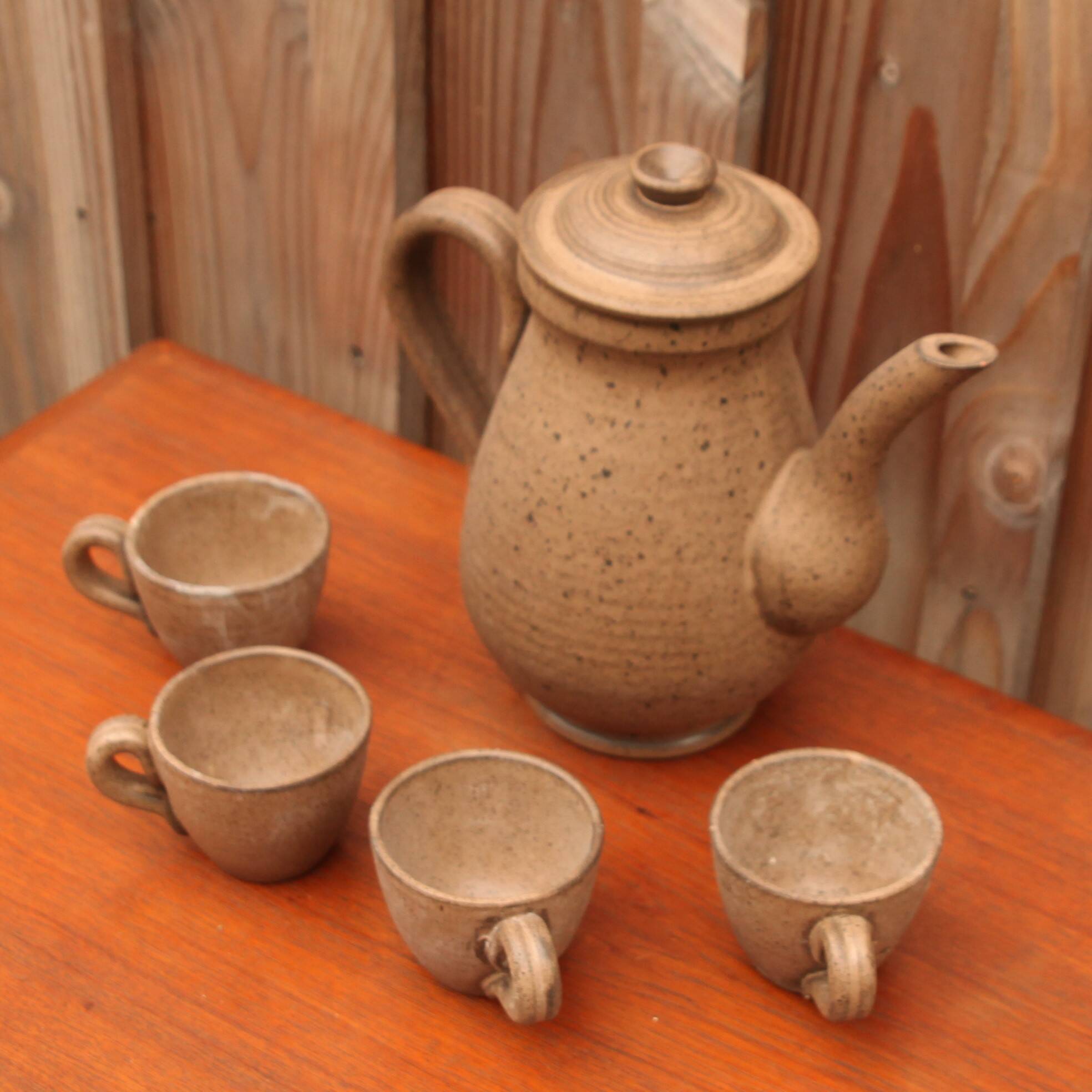 Vallauris stoneware coffee set, 4 cups and coffee pot