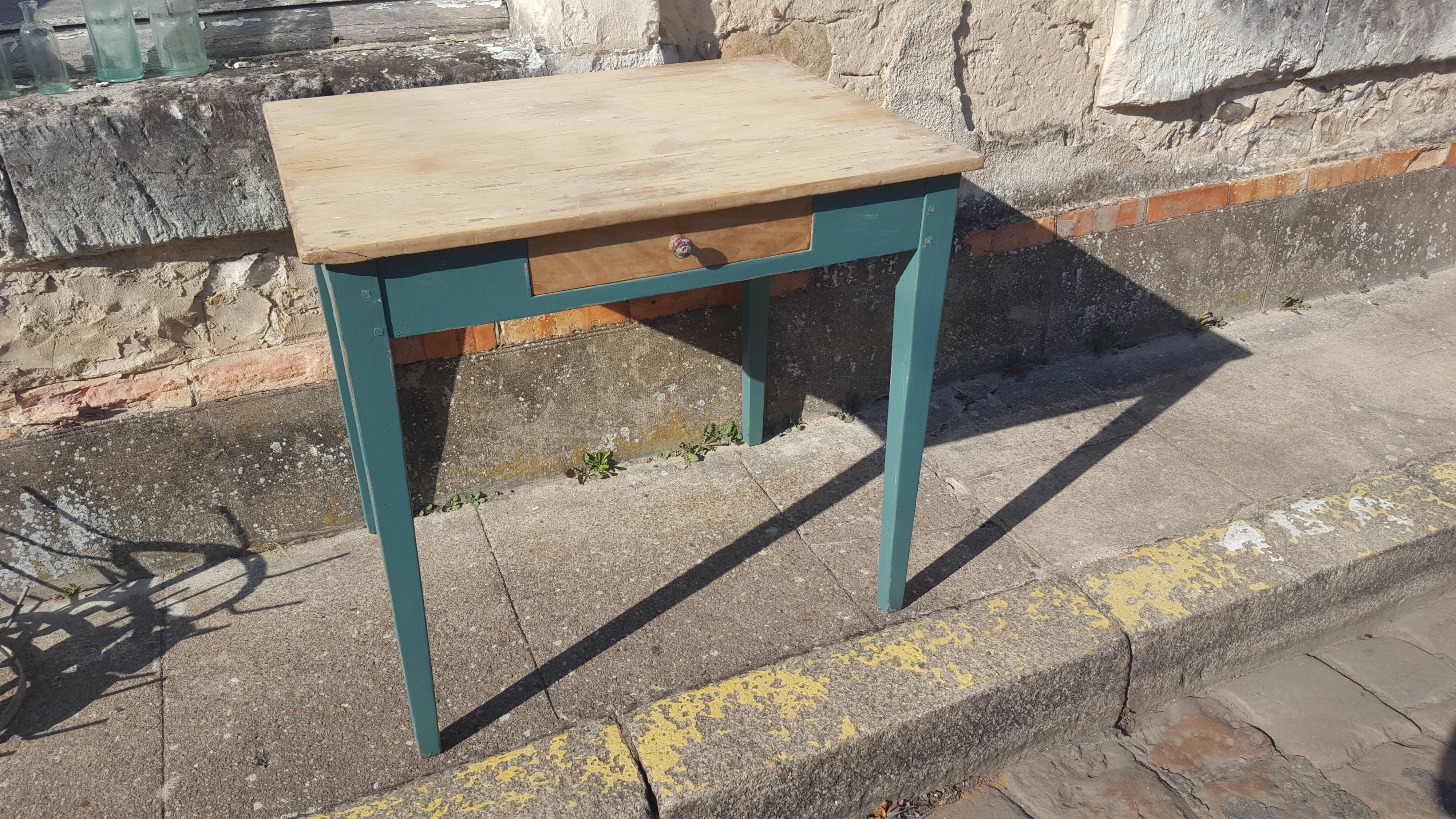 Table de ferme d'appoint patine turquoise