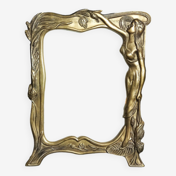 Art Nouveau Brass Photo Frame With A Mademoiselle and Floral Decor