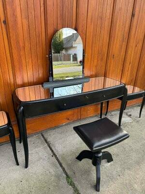 Art Deco French Black Dressing Table, Chair &amp; Nightstands, Set of 4