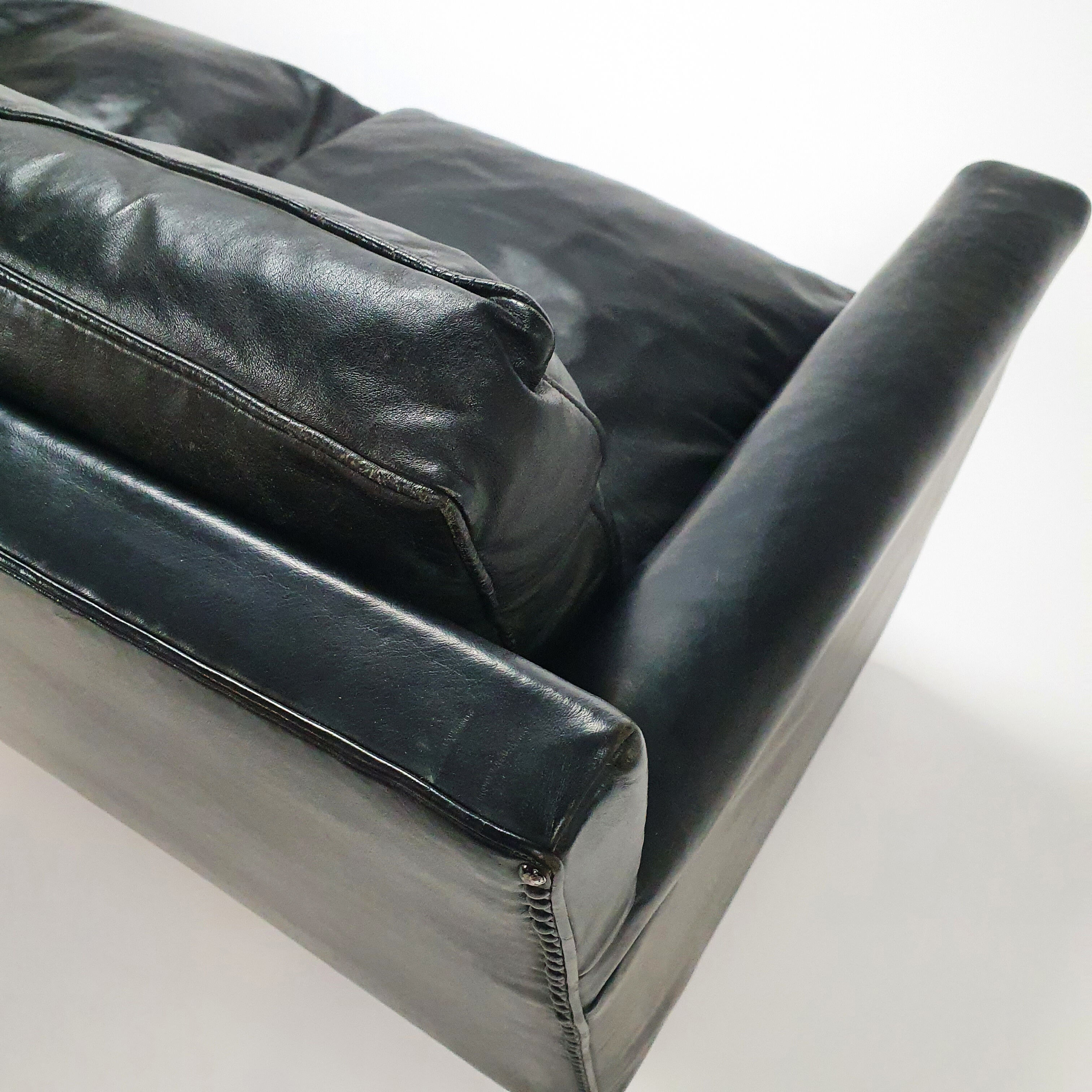 Mid century black leather scandinavian 3 seats sofa, 1950